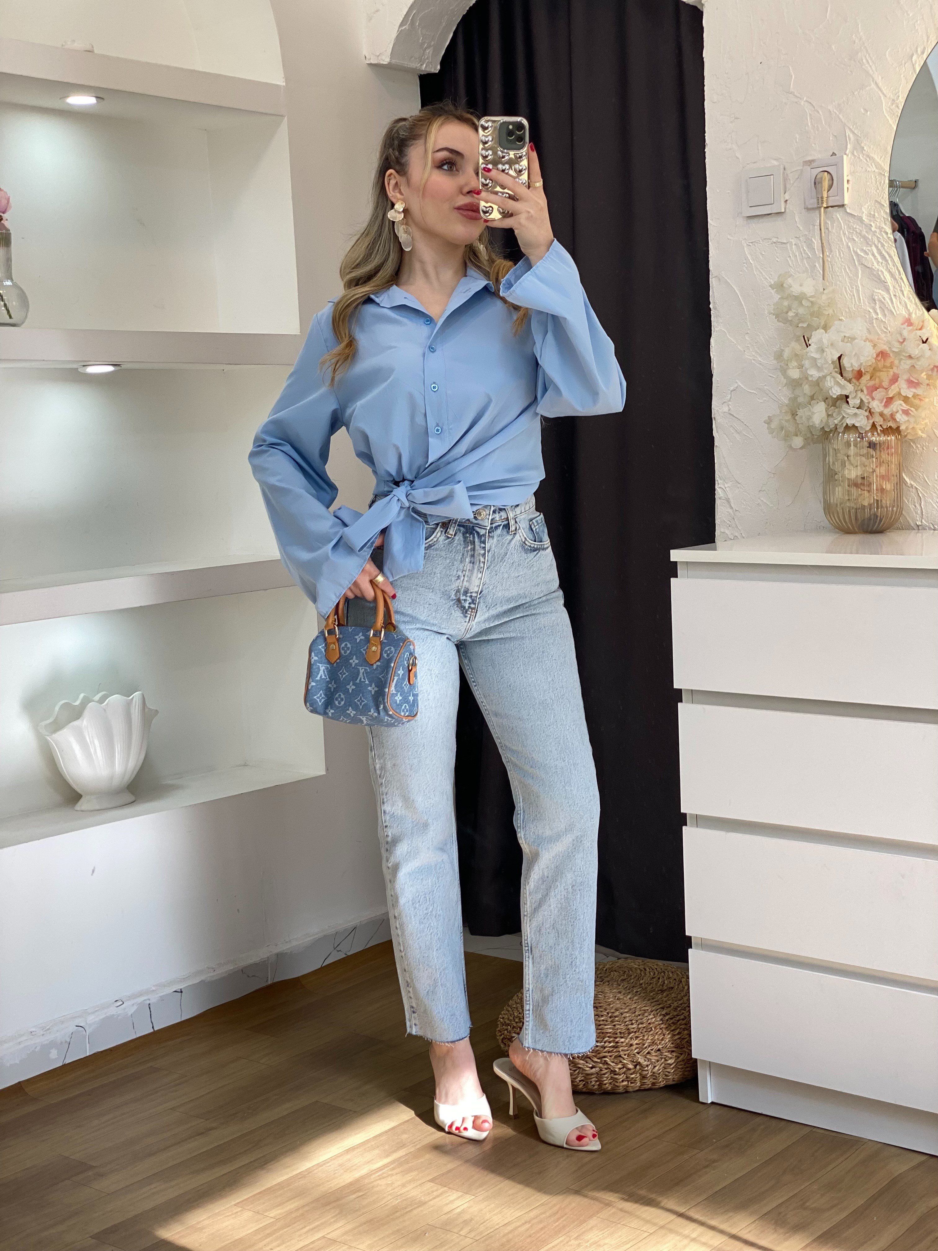 Buz Mavi Yüksek Bel Boyfit Jean