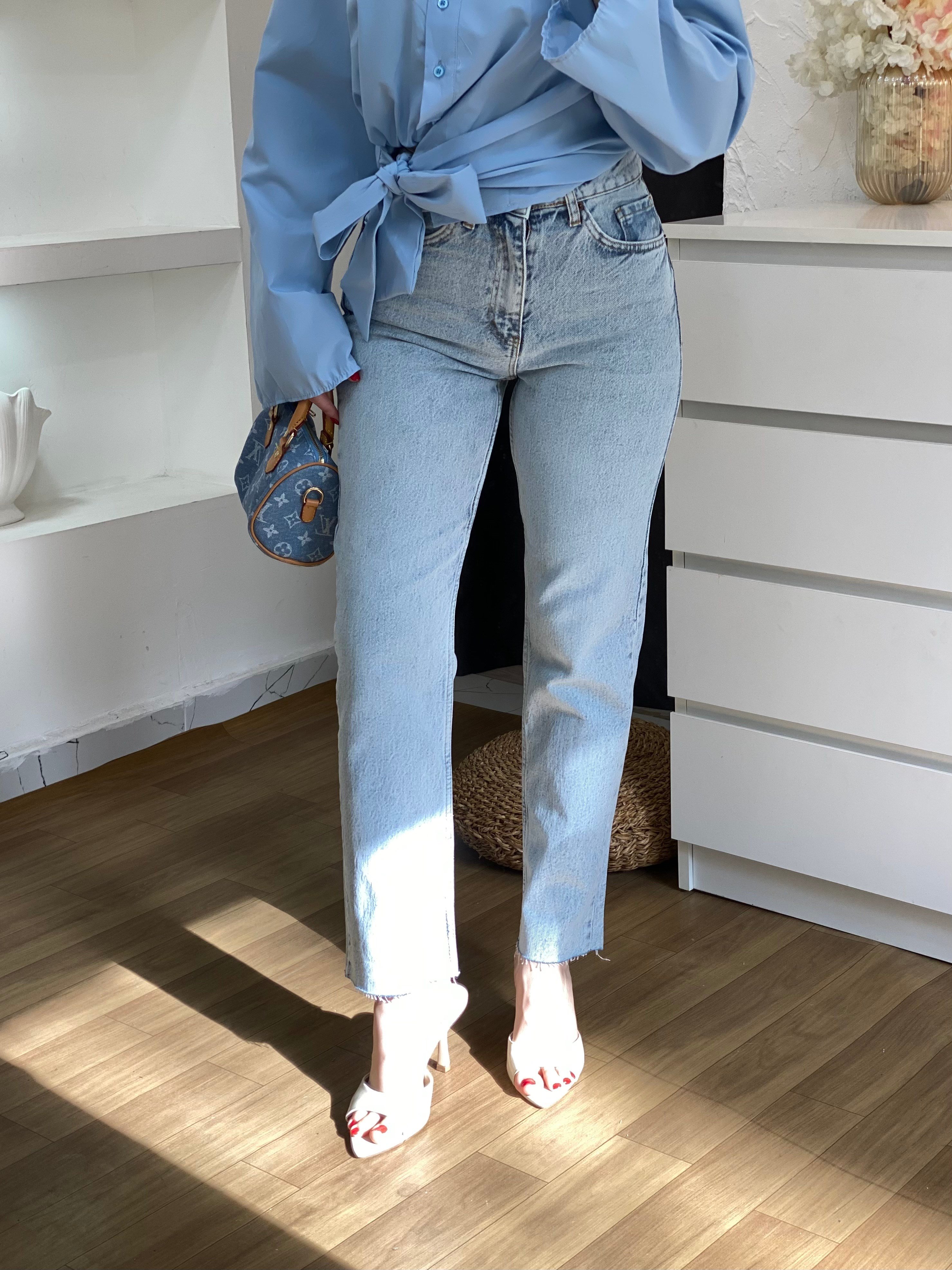 Buz Mavi Yüksek Bel Boyfit Jean