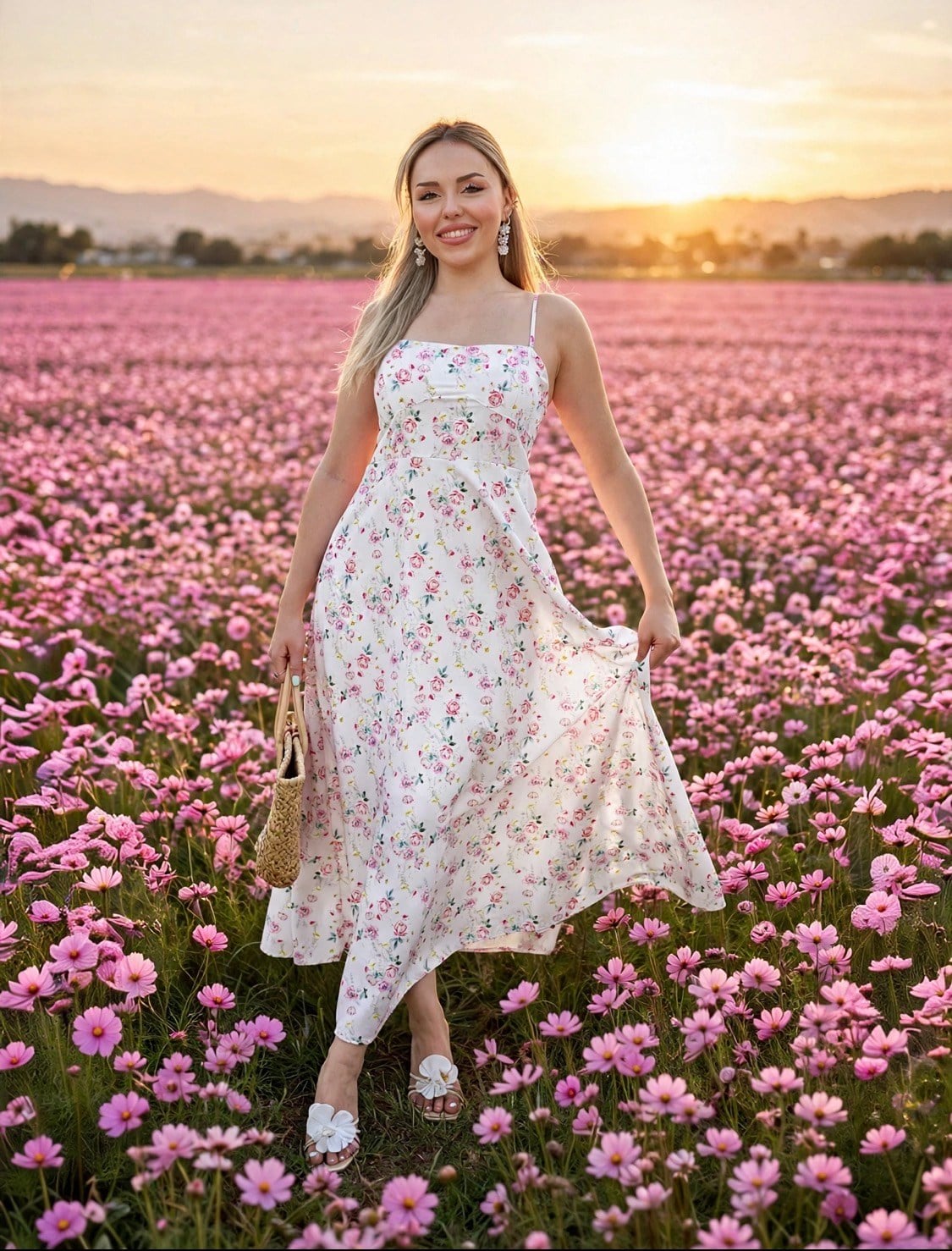 Çiçek Desenli Beyaz Floral Elbise 
