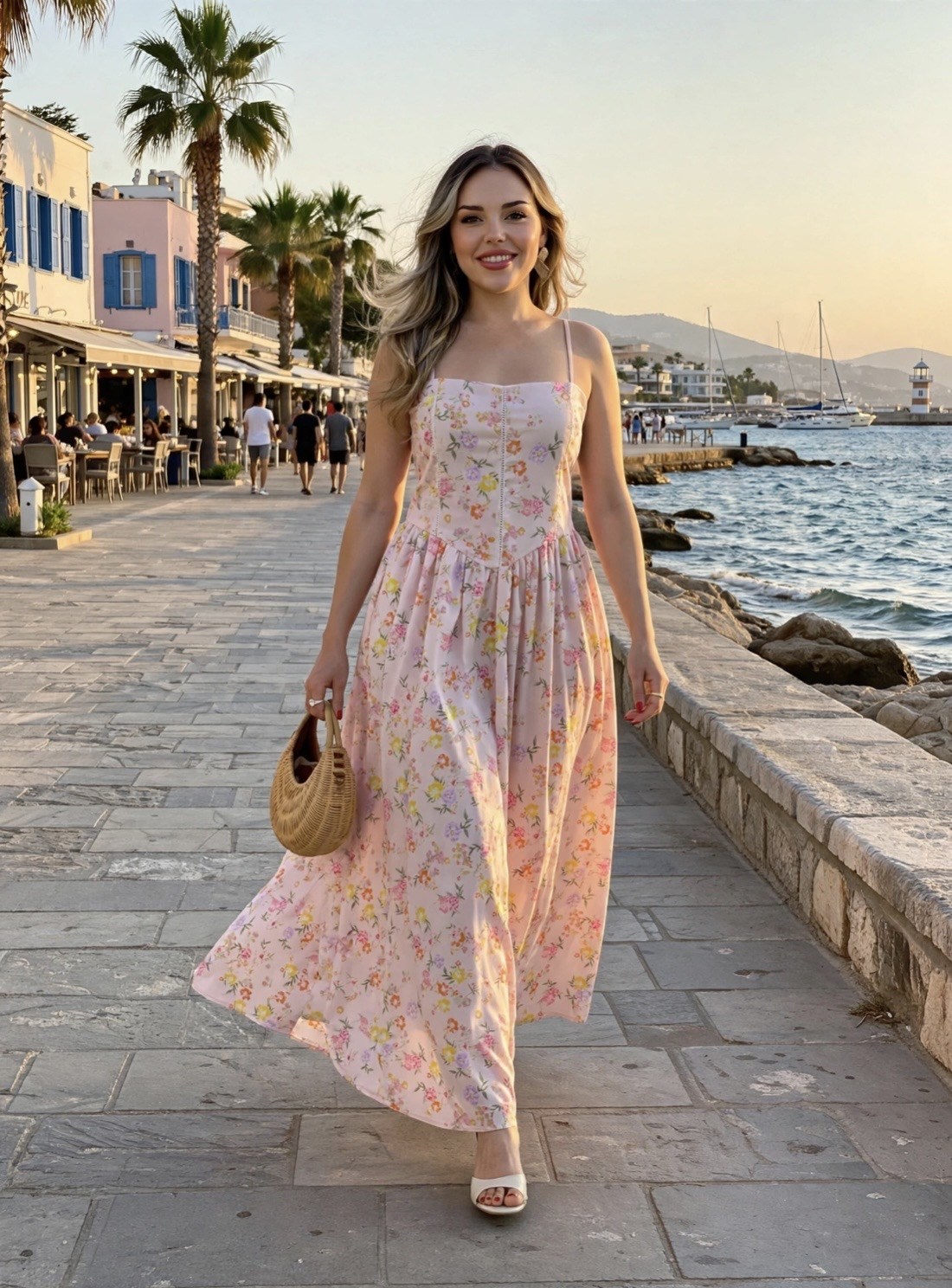 Çiçek Desenli Pudra Pembe Floral Elbise 