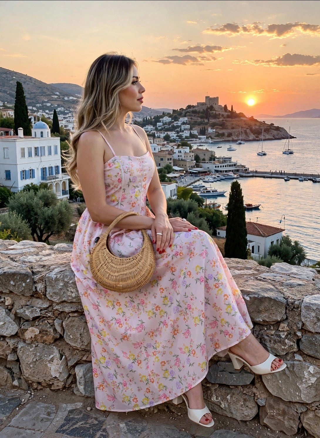 Çiçek Desenli Pudra Pembe Floral Elbise 