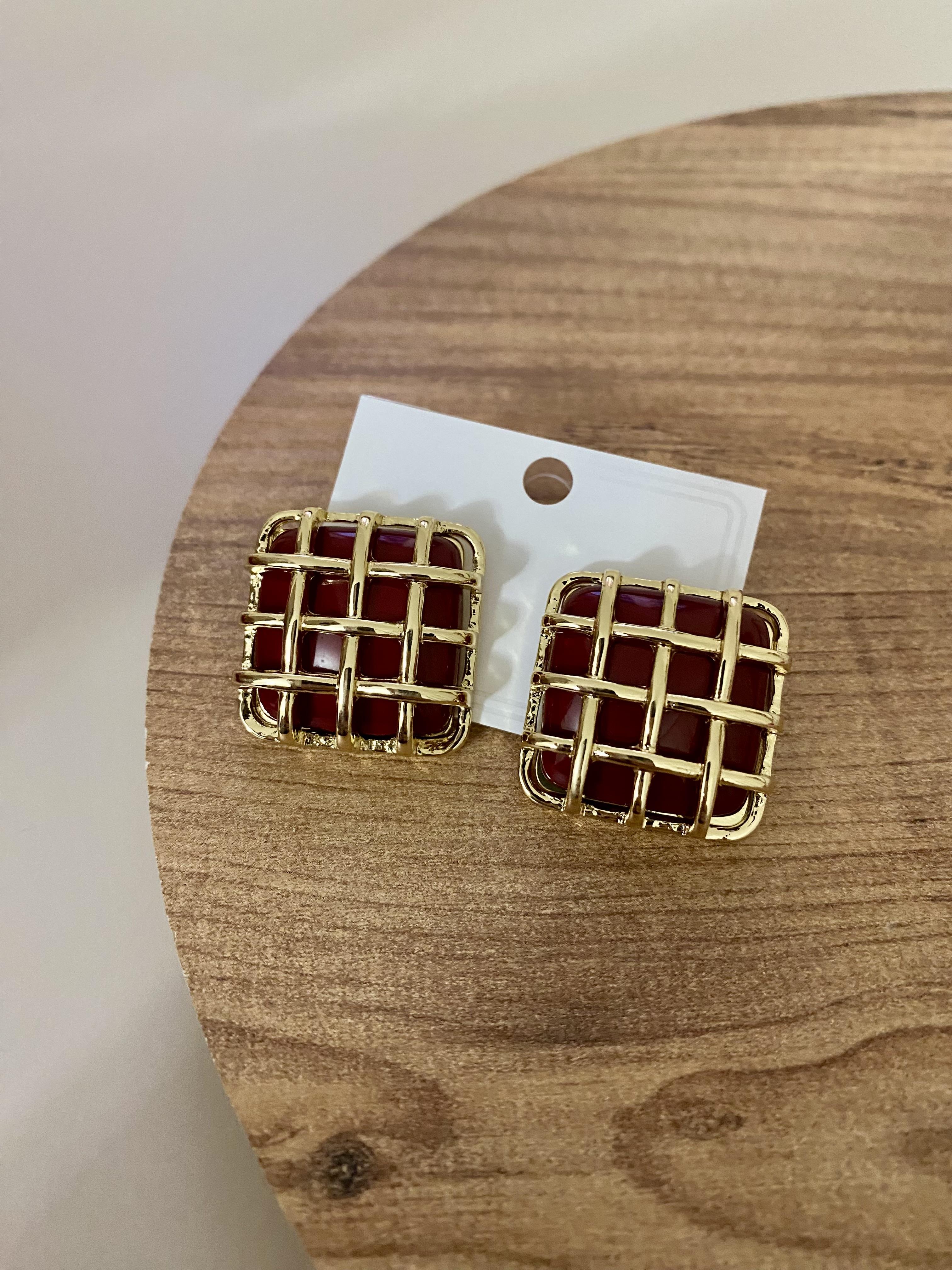 Gold Bordo Kafes Kare Küpe