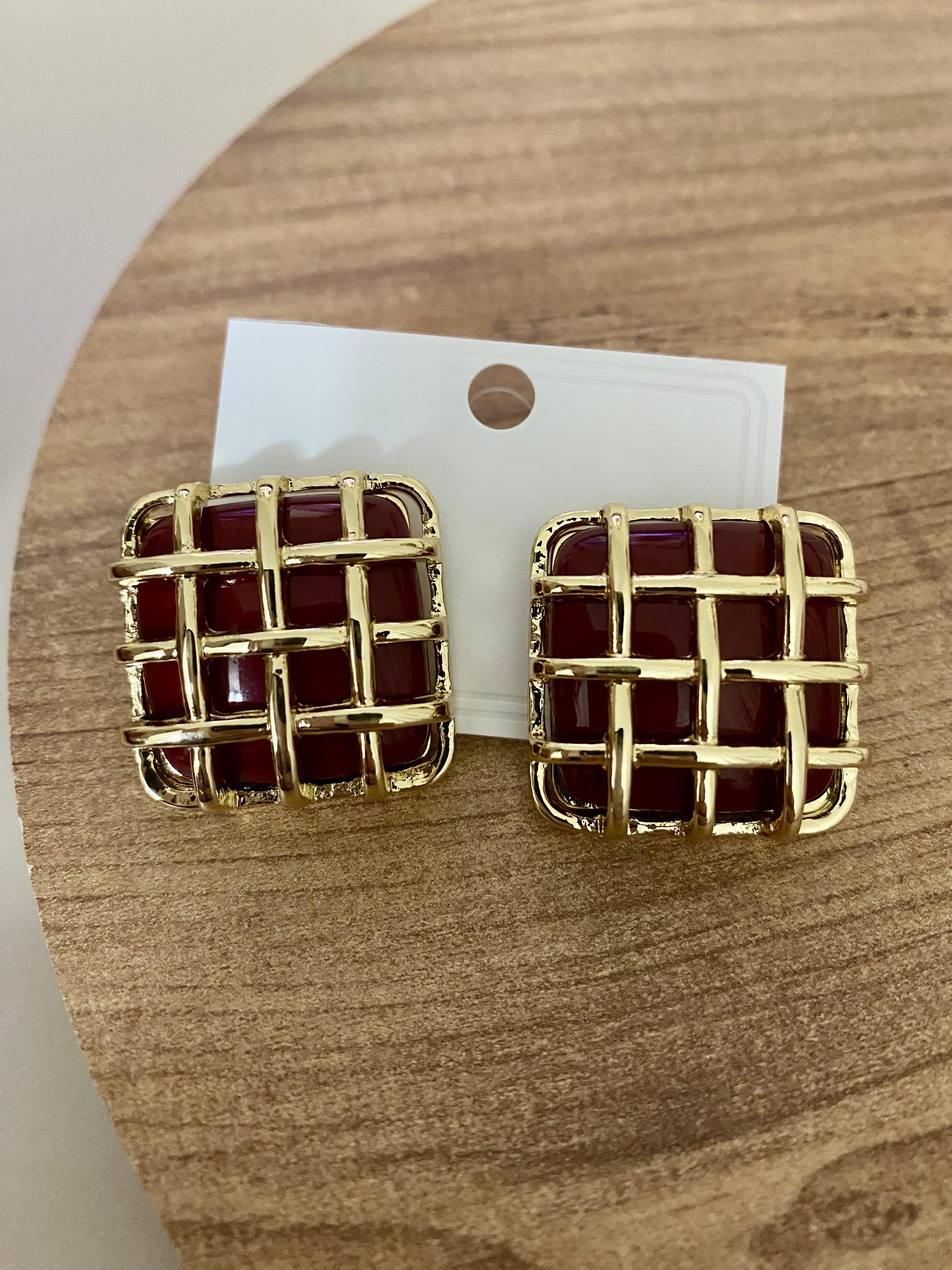 Gold Bordo Kafes Kare Küpe