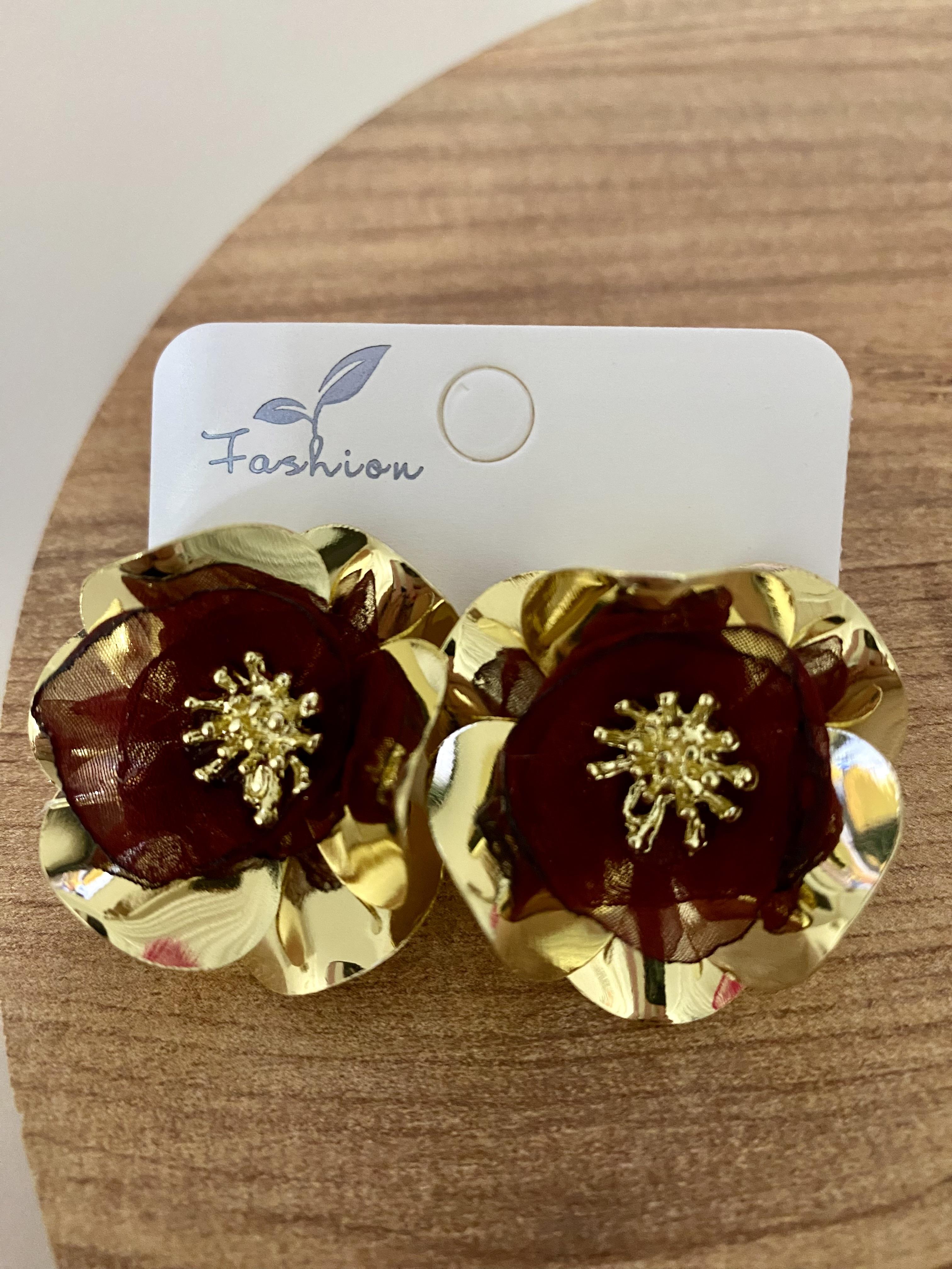 Gold Bordo Tül Detay Tasarım Küpe