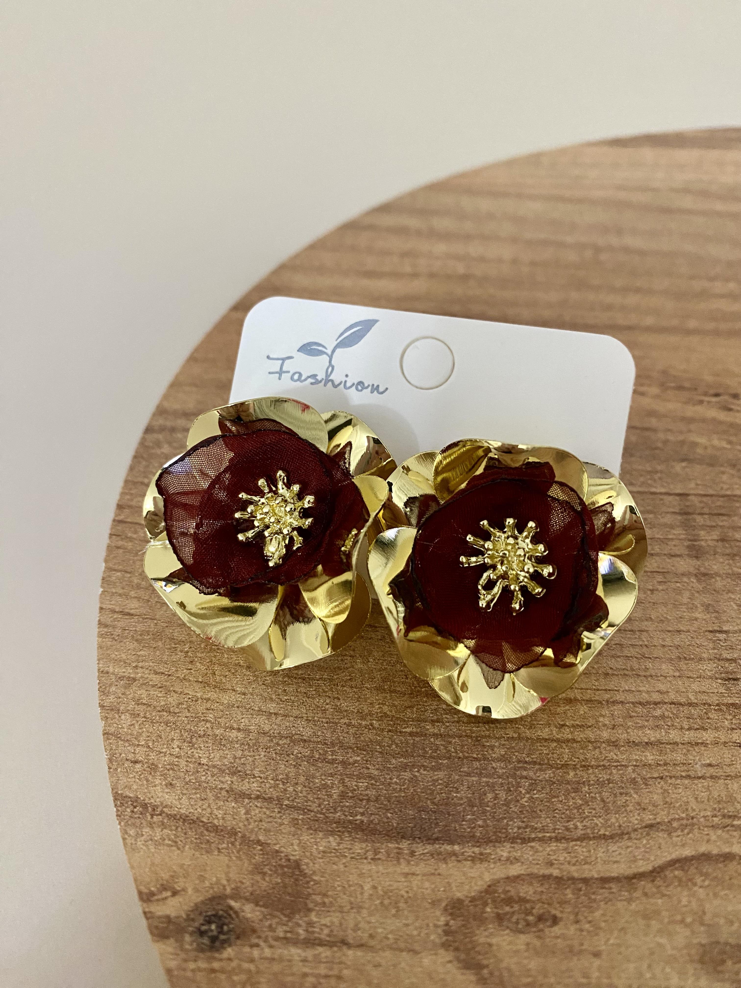Gold Bordo Tül Detay Tasarım Küpe