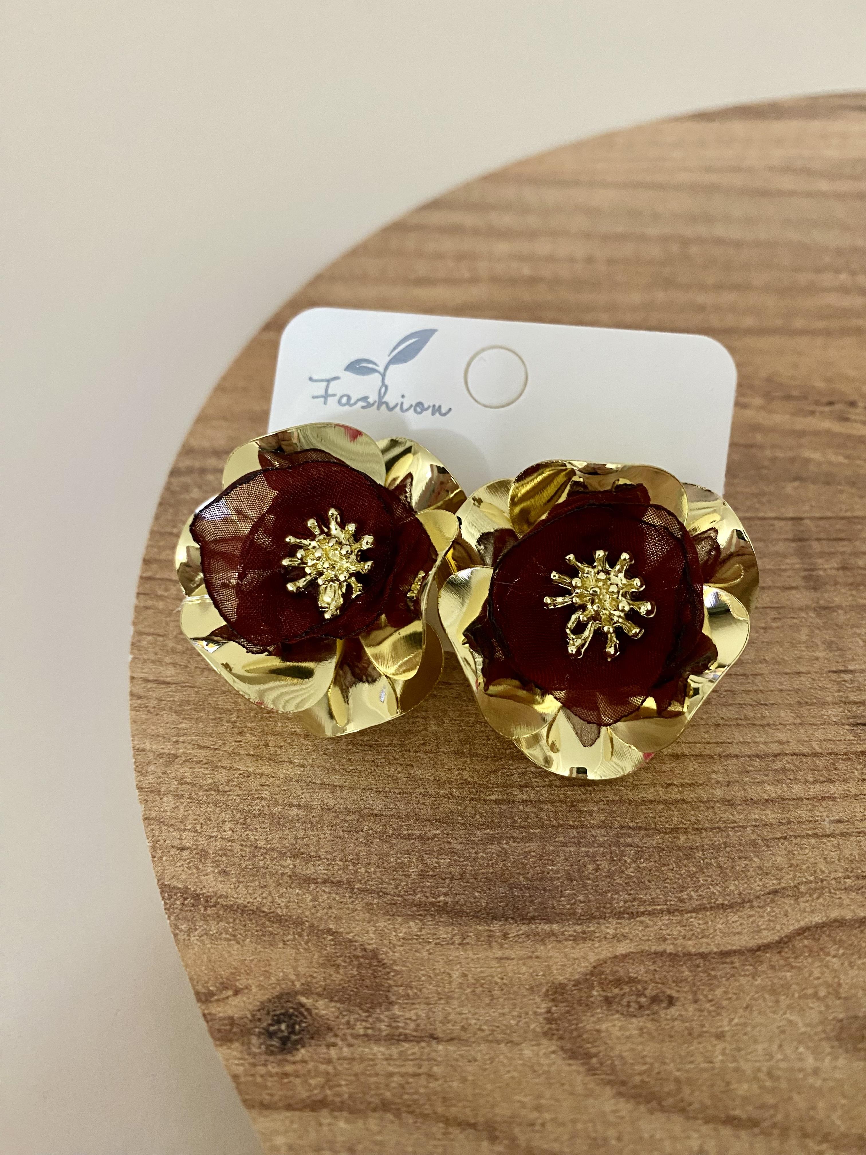 Gold Bordo Tül Detay Tasarım Küpe