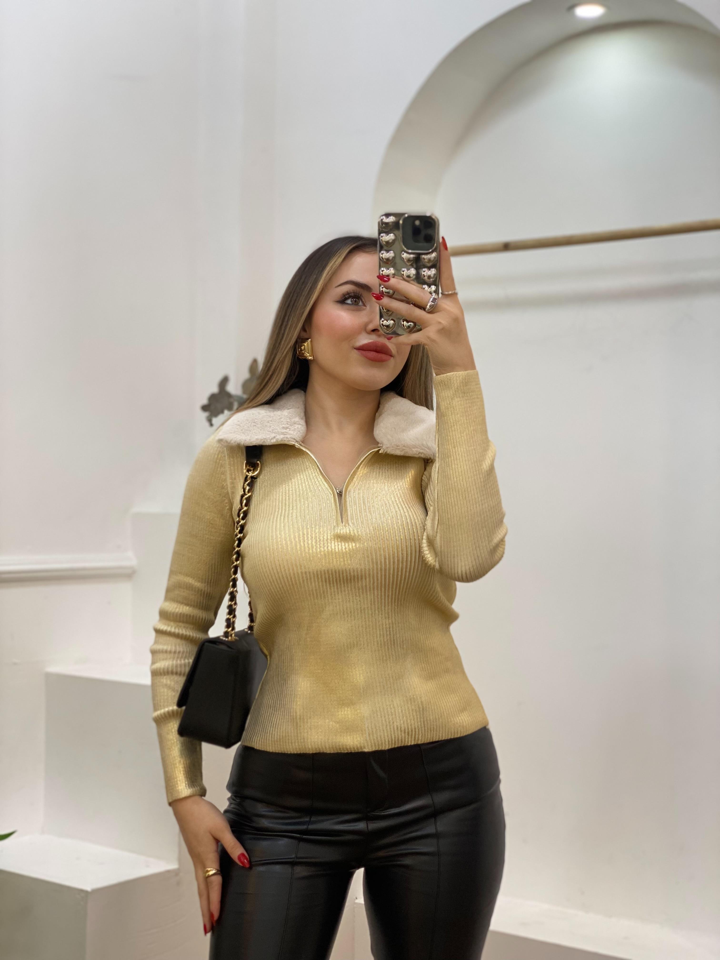 Gold Fermuarlı Kürk Yakalı Triko Bluz