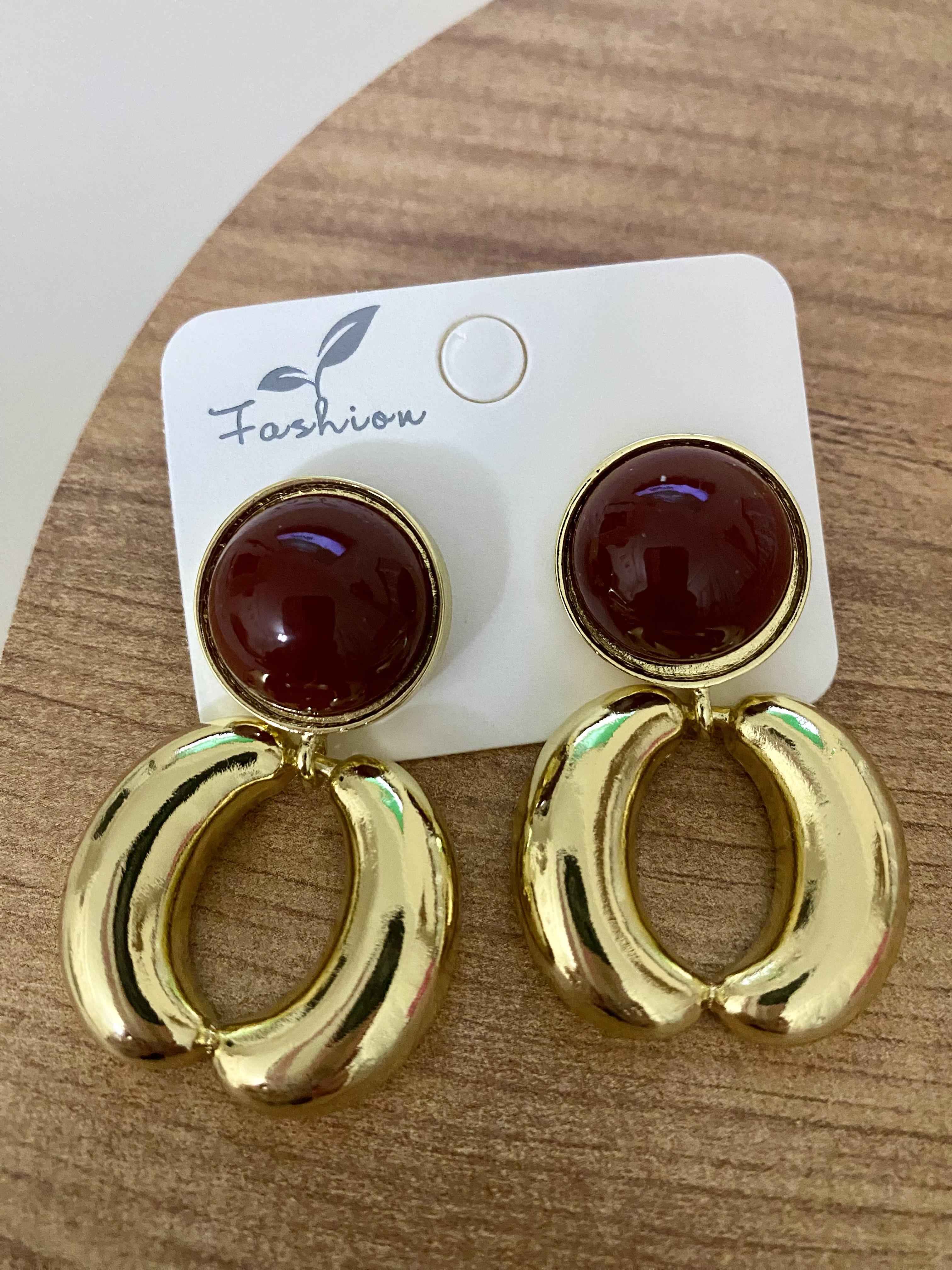 Gold Halka Model Bordo Mineli Küpe 