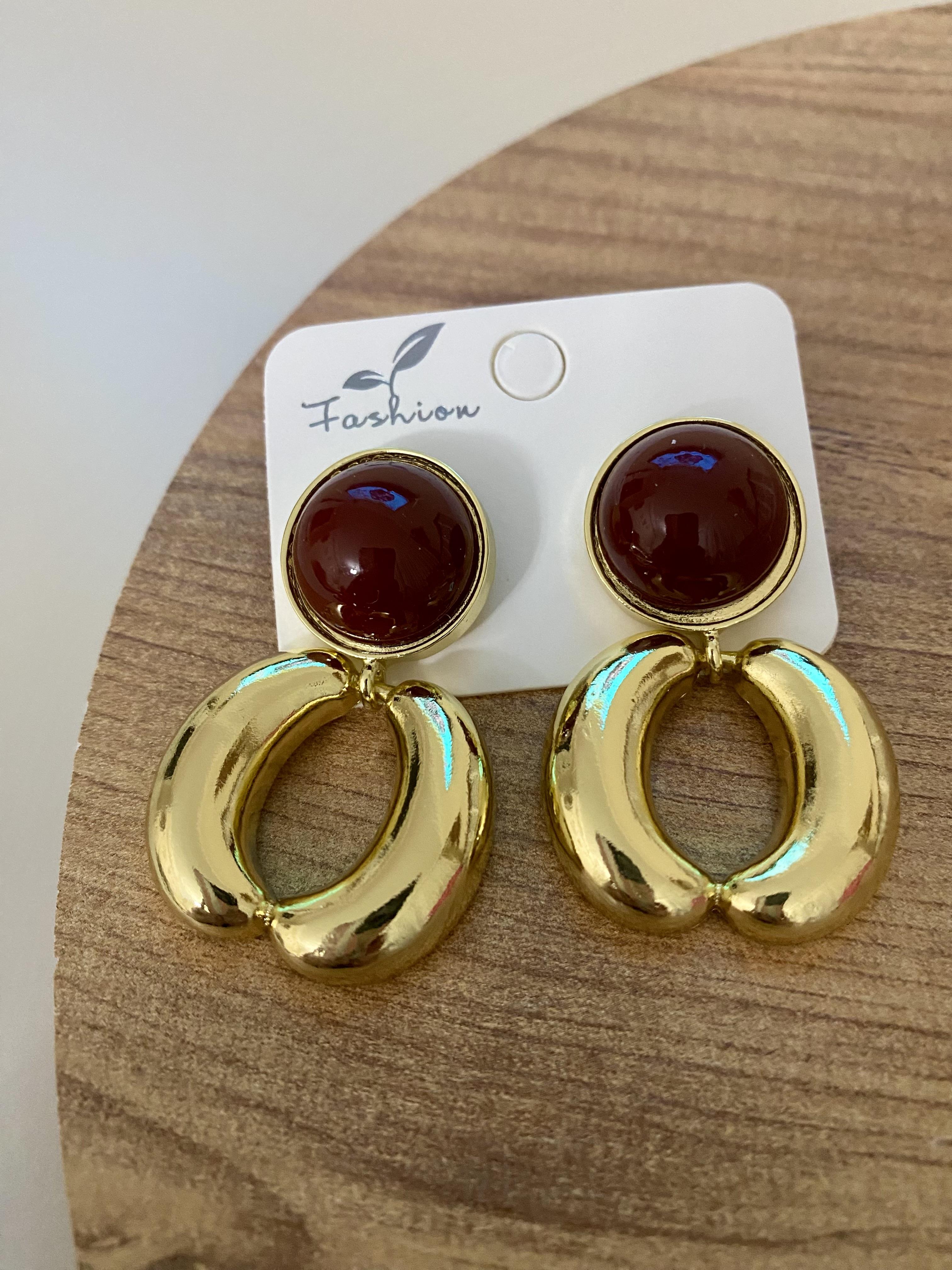 Gold Halka Model Bordo Mineli Küpe 