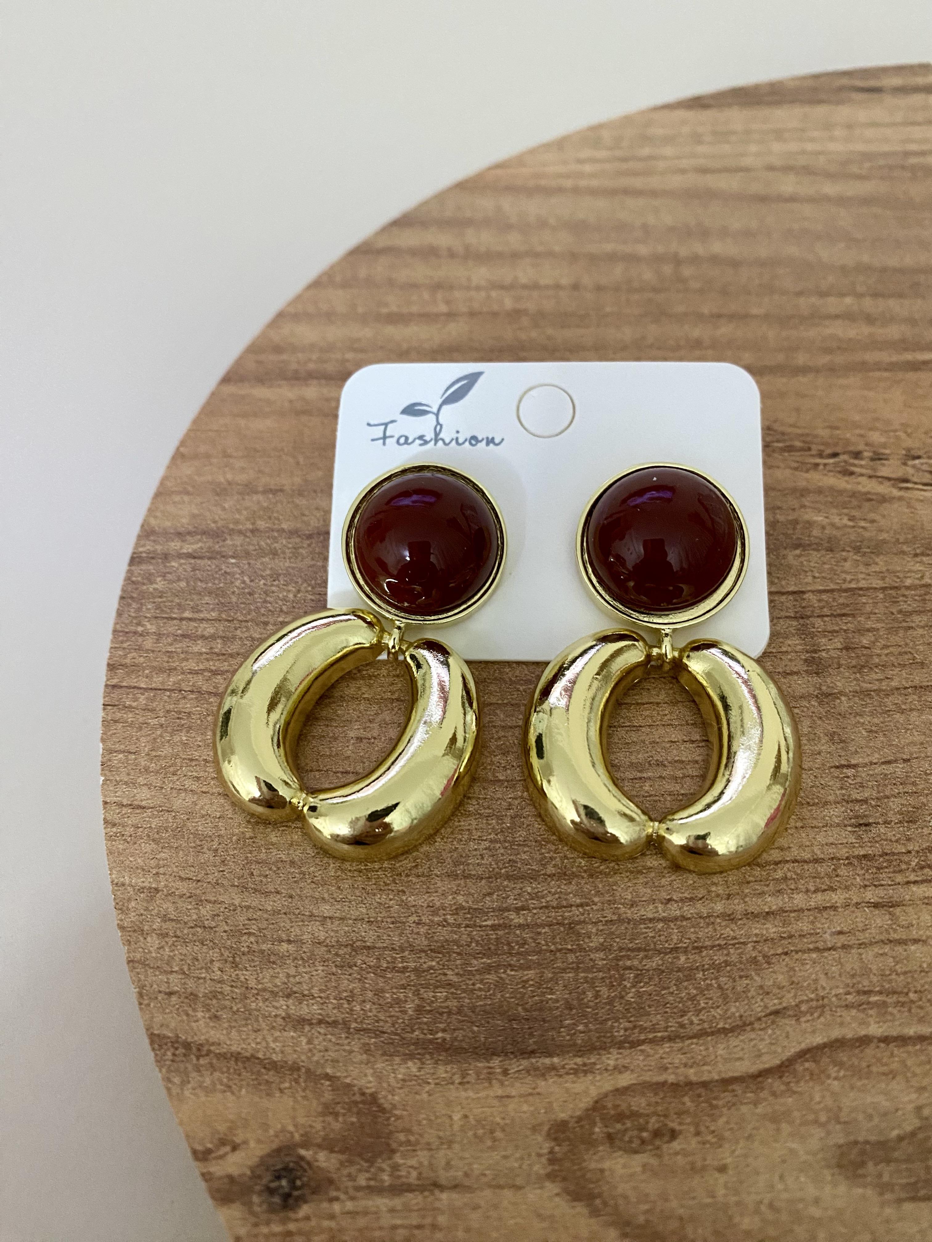 Gold Halka Model Bordo Mineli Küpe 