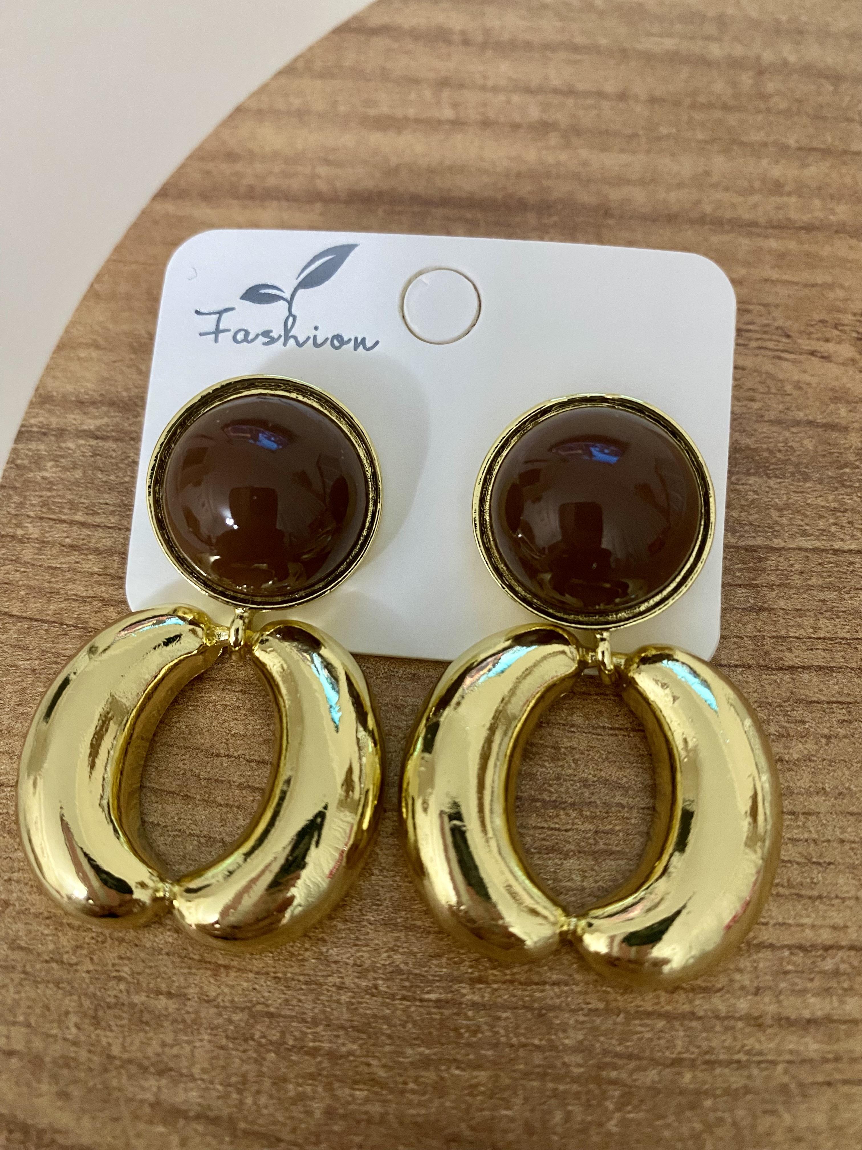 Gold Halka Model Kahve Mineli Küpe 