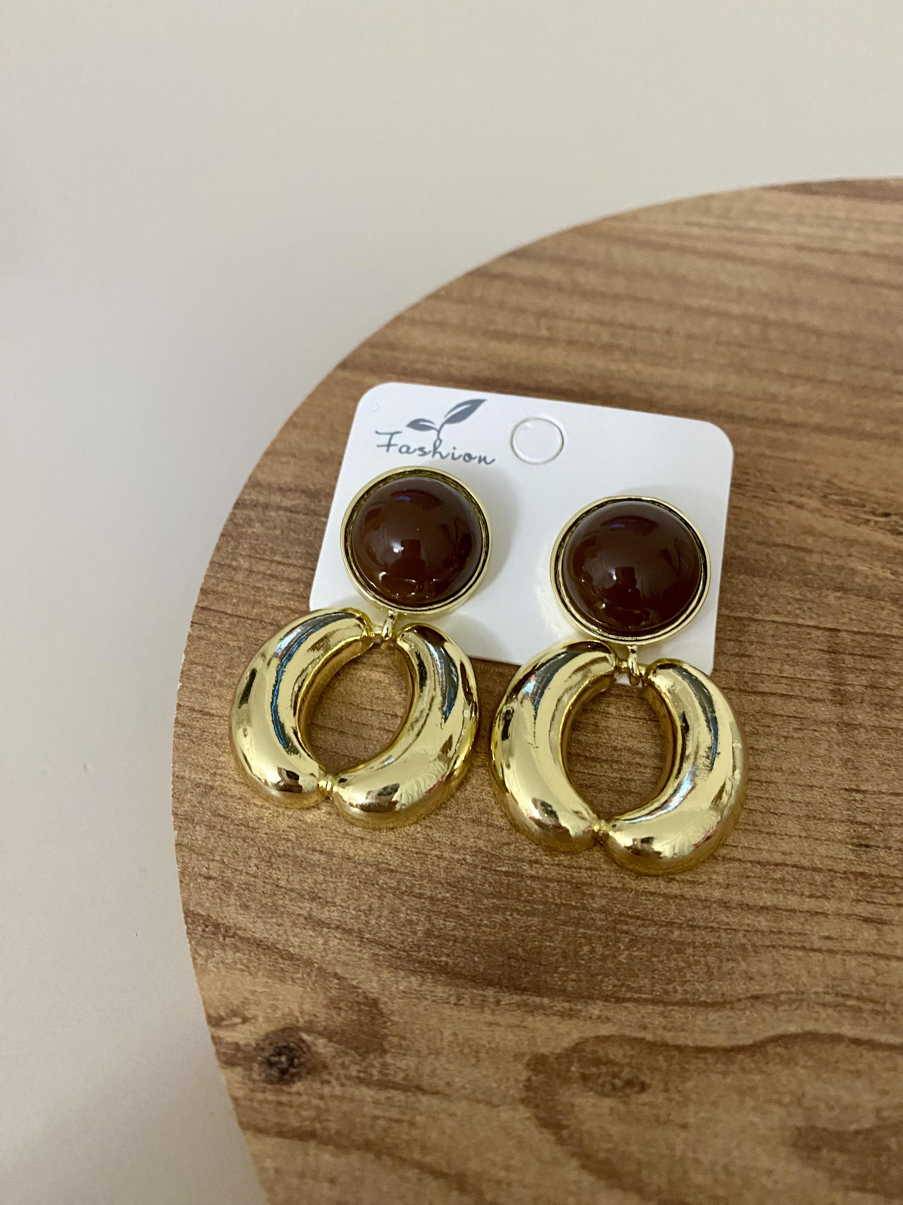 Gold Halka Model Kahve Mineli Küpe 