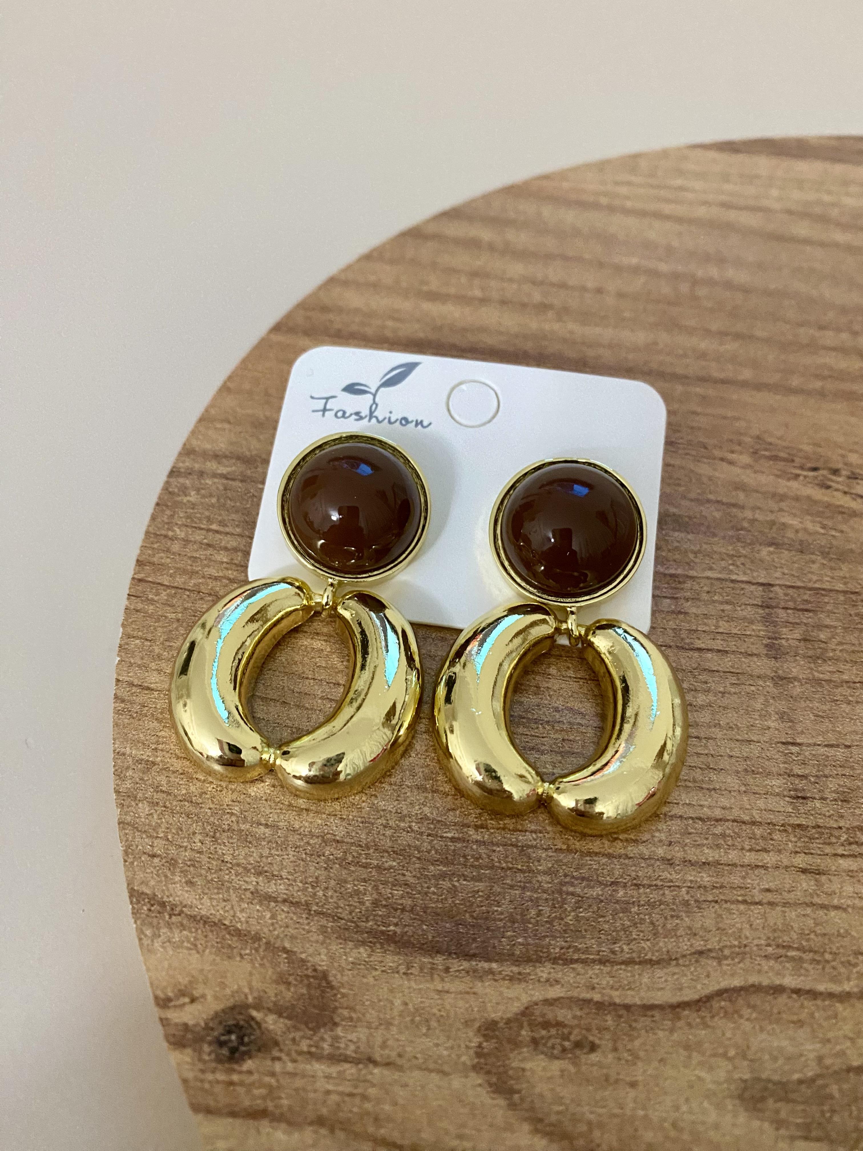 Gold Halka Model Kahve Mineli Küpe 