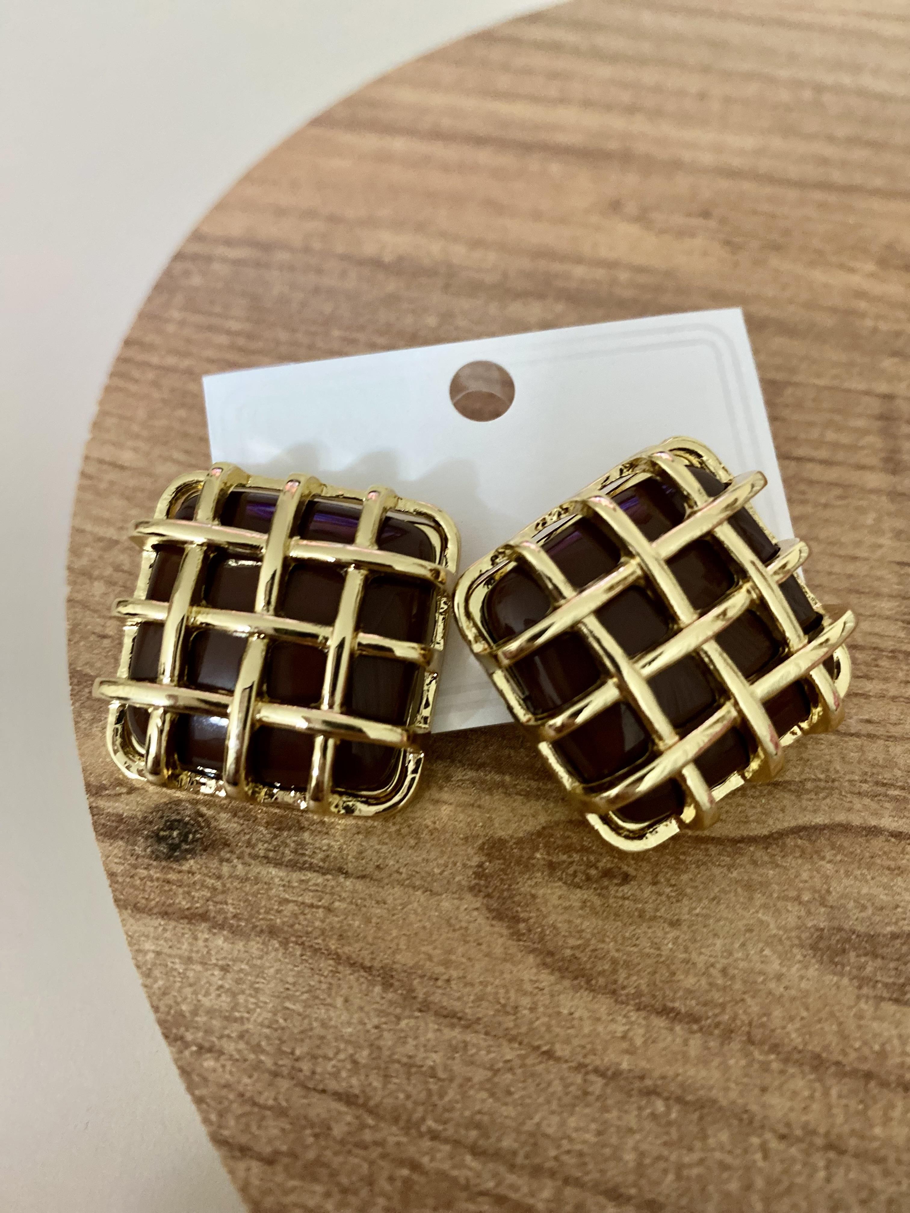 Gold Kahve Kafes Kare Küpe