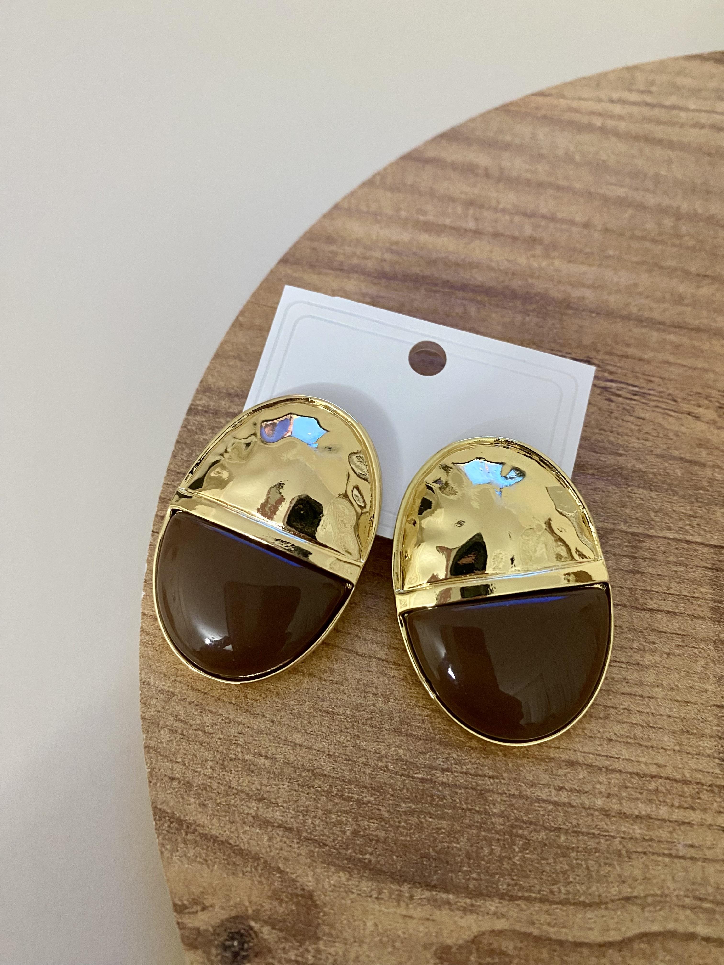 Gold Kahve Oval Plaka Küpe