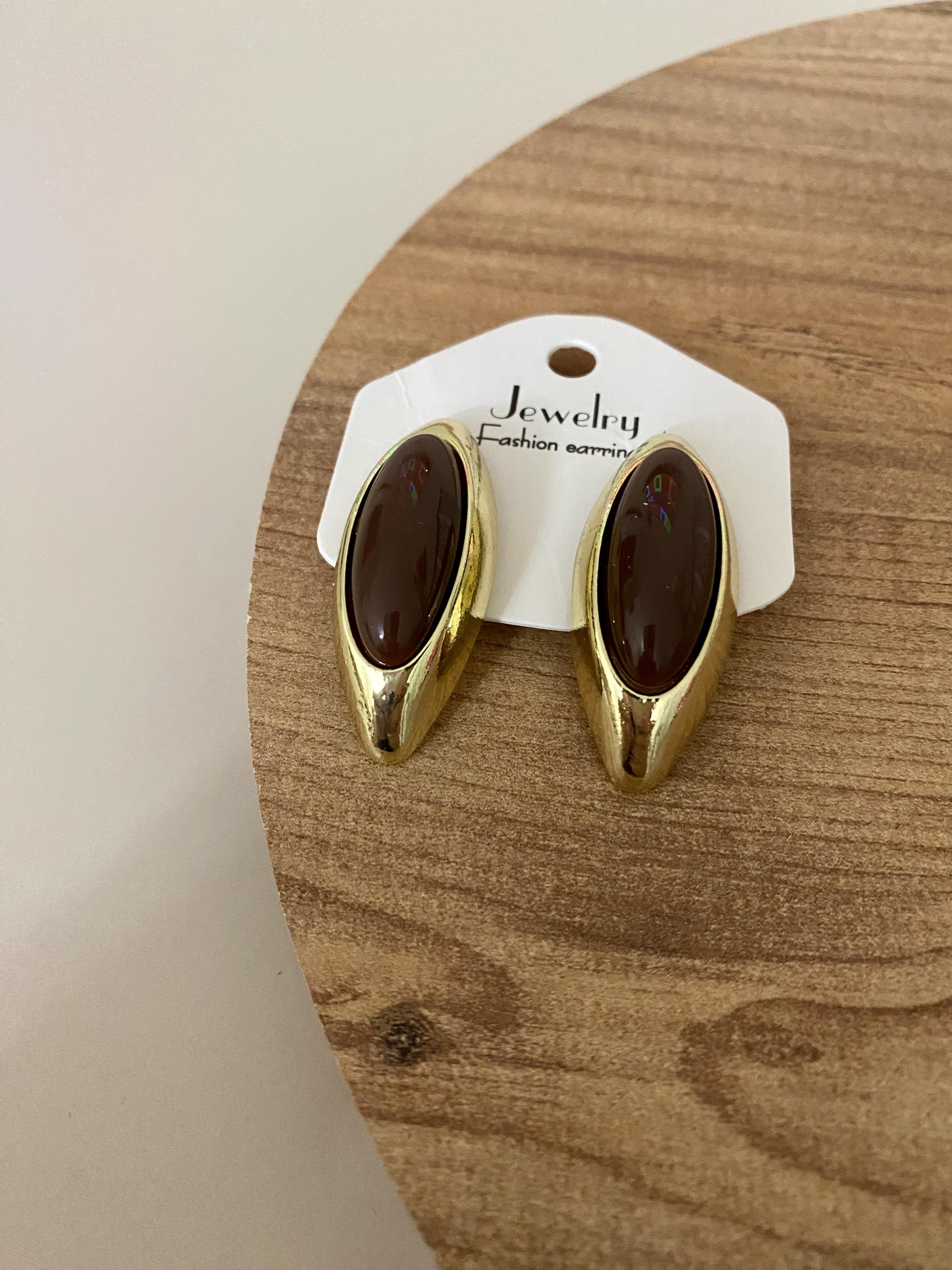 Gold Kahve Taşlı Oval Küpe 