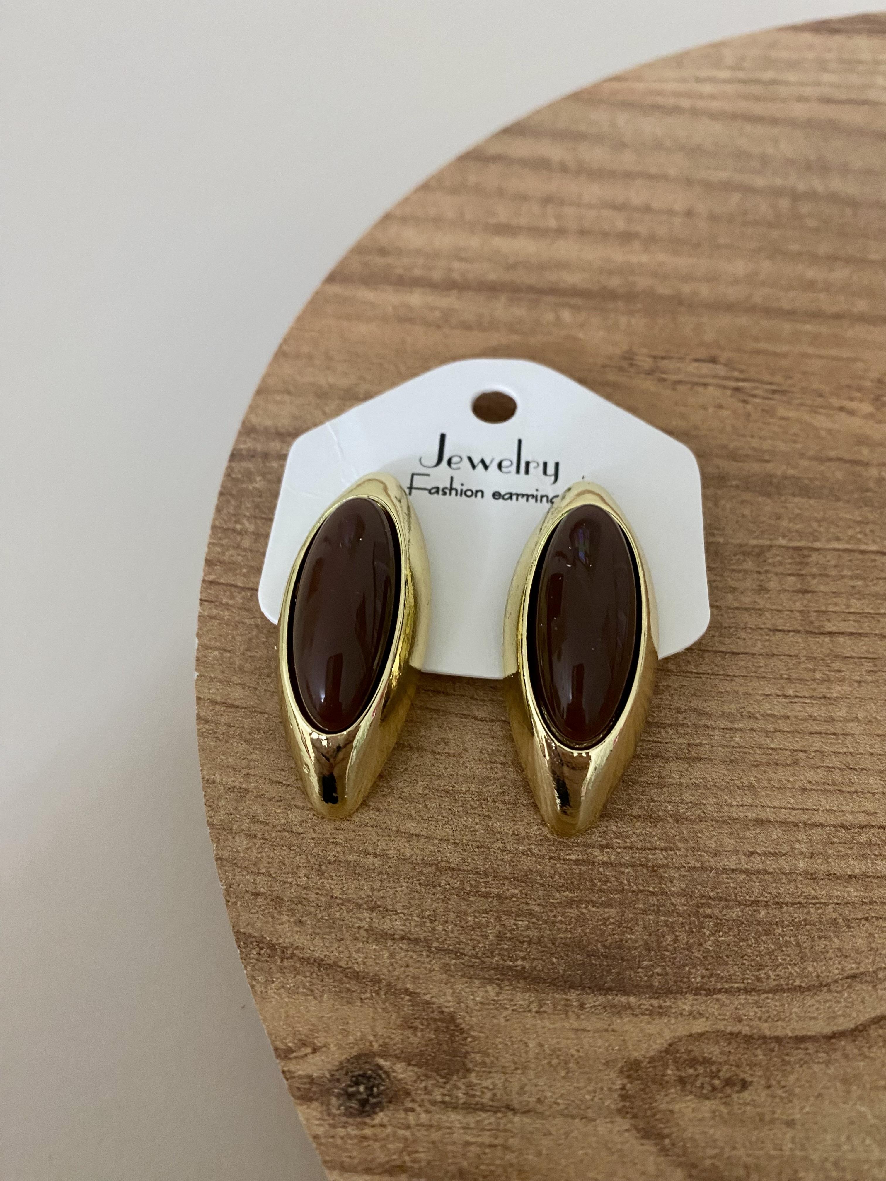 Gold Kahve Taşlı Oval Küpe 