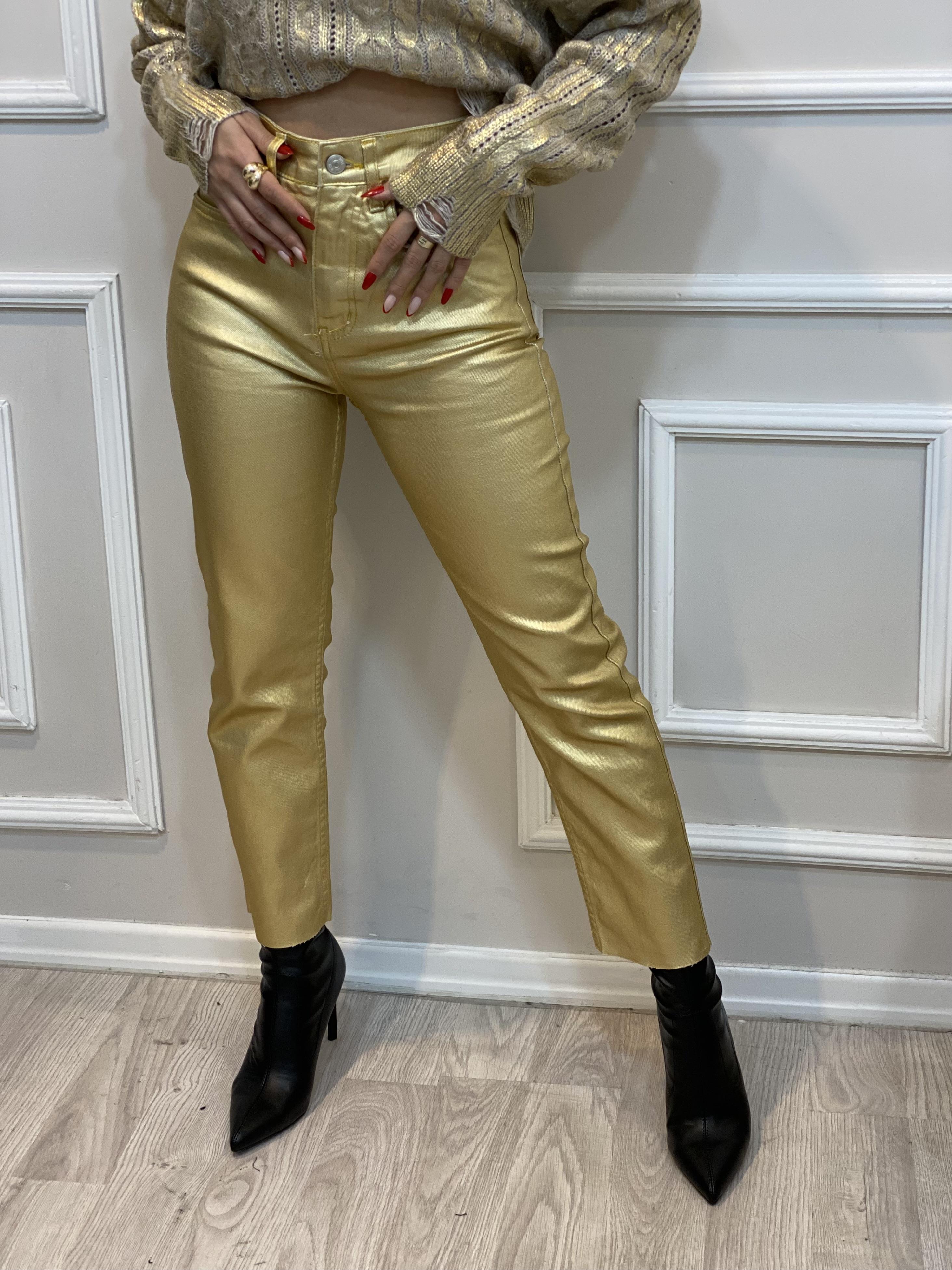 Gold Renk Boyfit Parlak Pantolon 