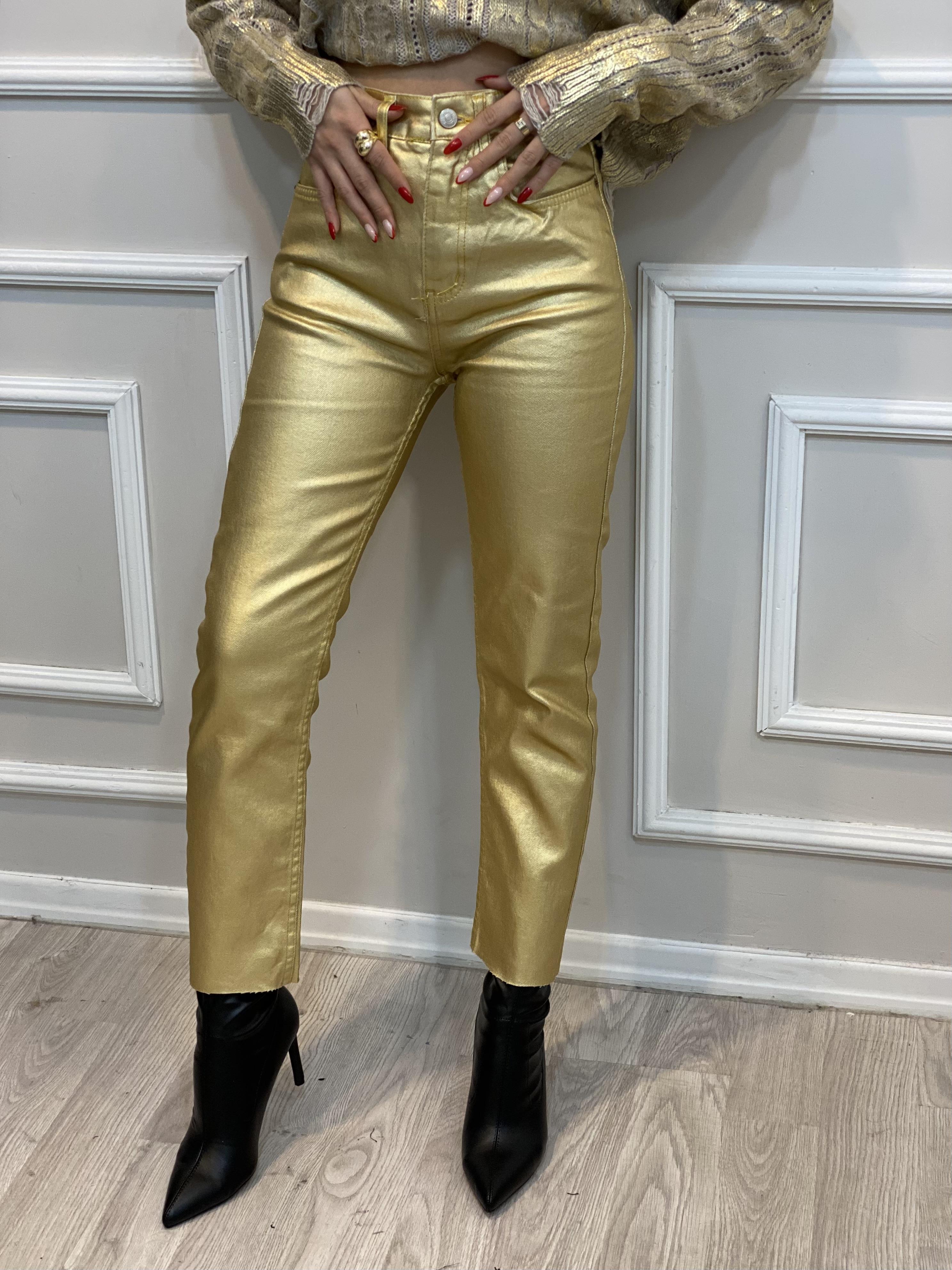 Gold Renk Boyfit Parlak Pantolon 