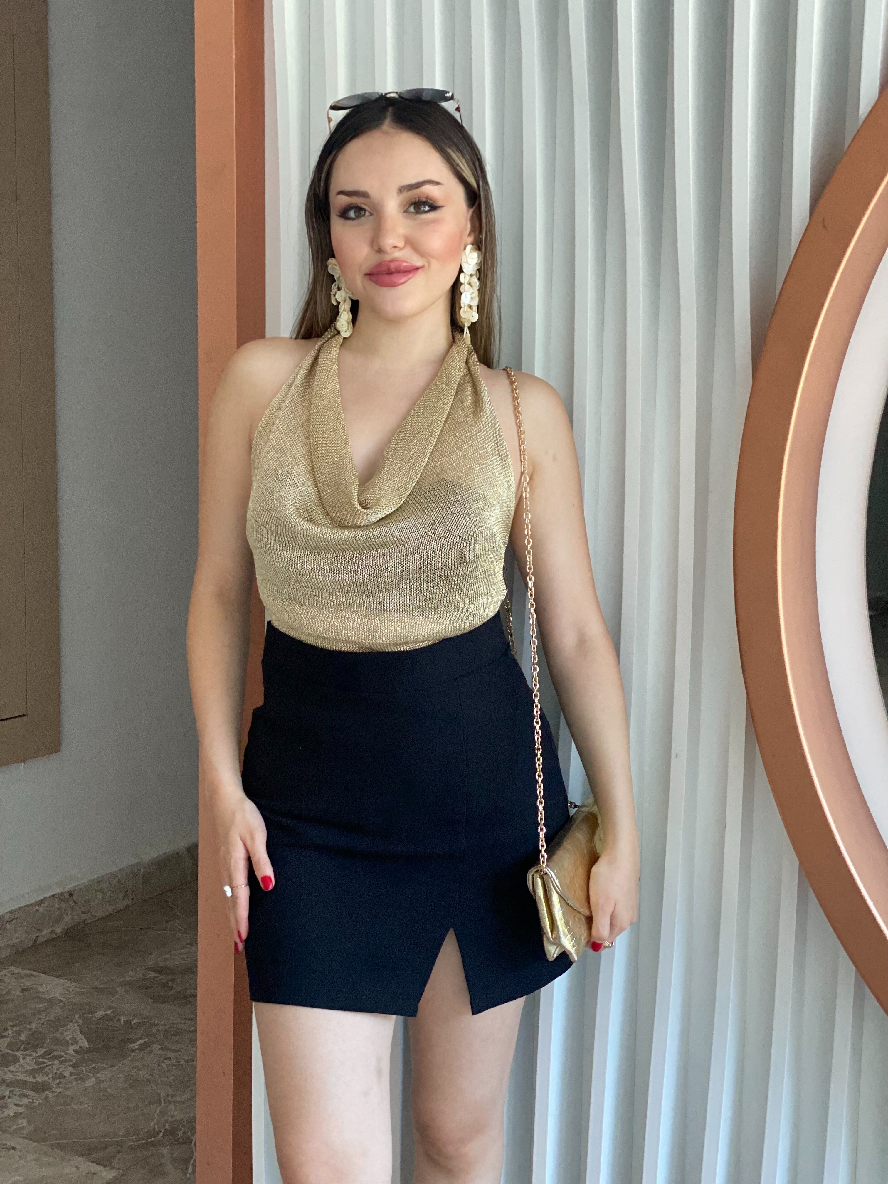 Gold Metalik Parlak Degaje Bluz