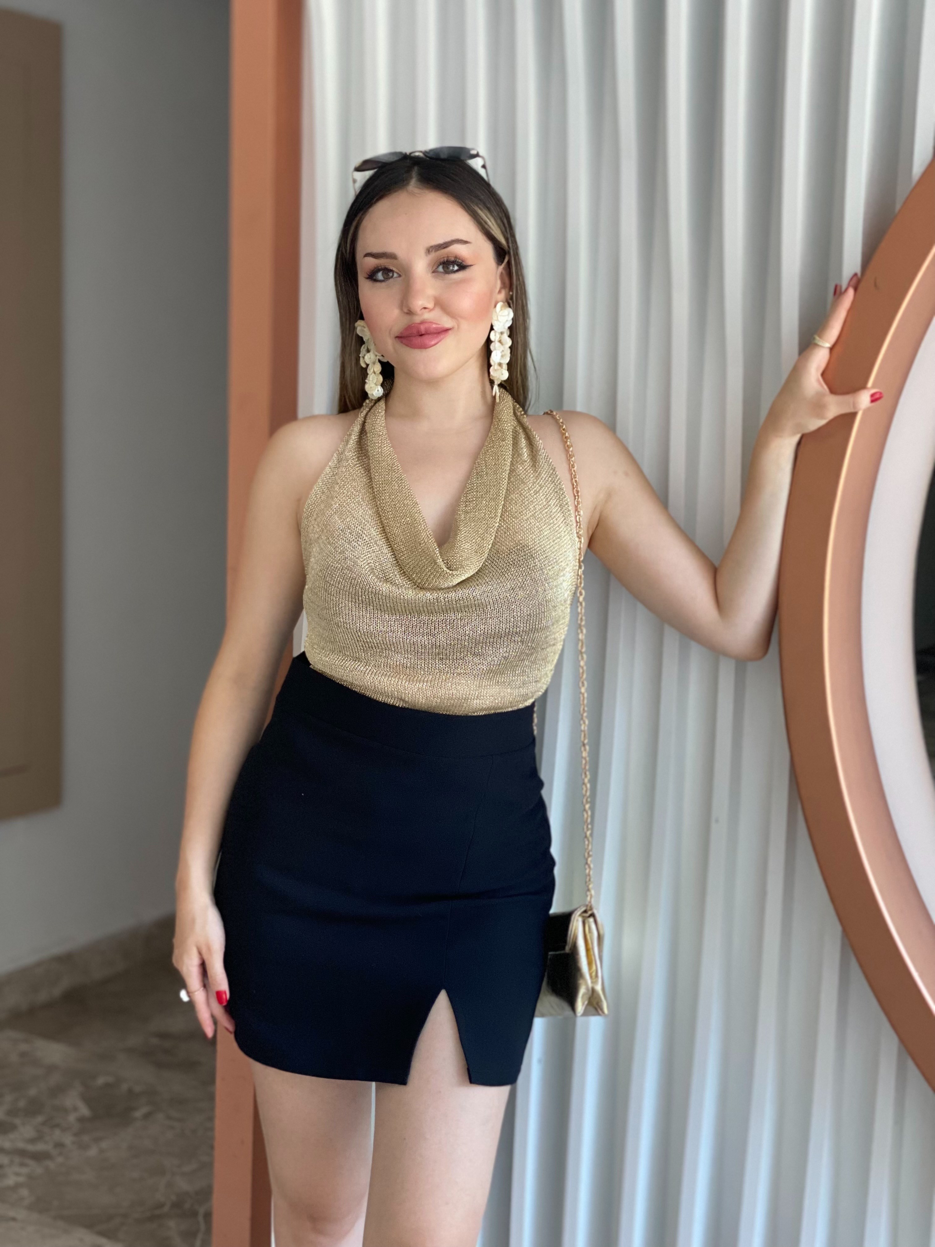 Gold Metalik Parlak Degaje Bluz