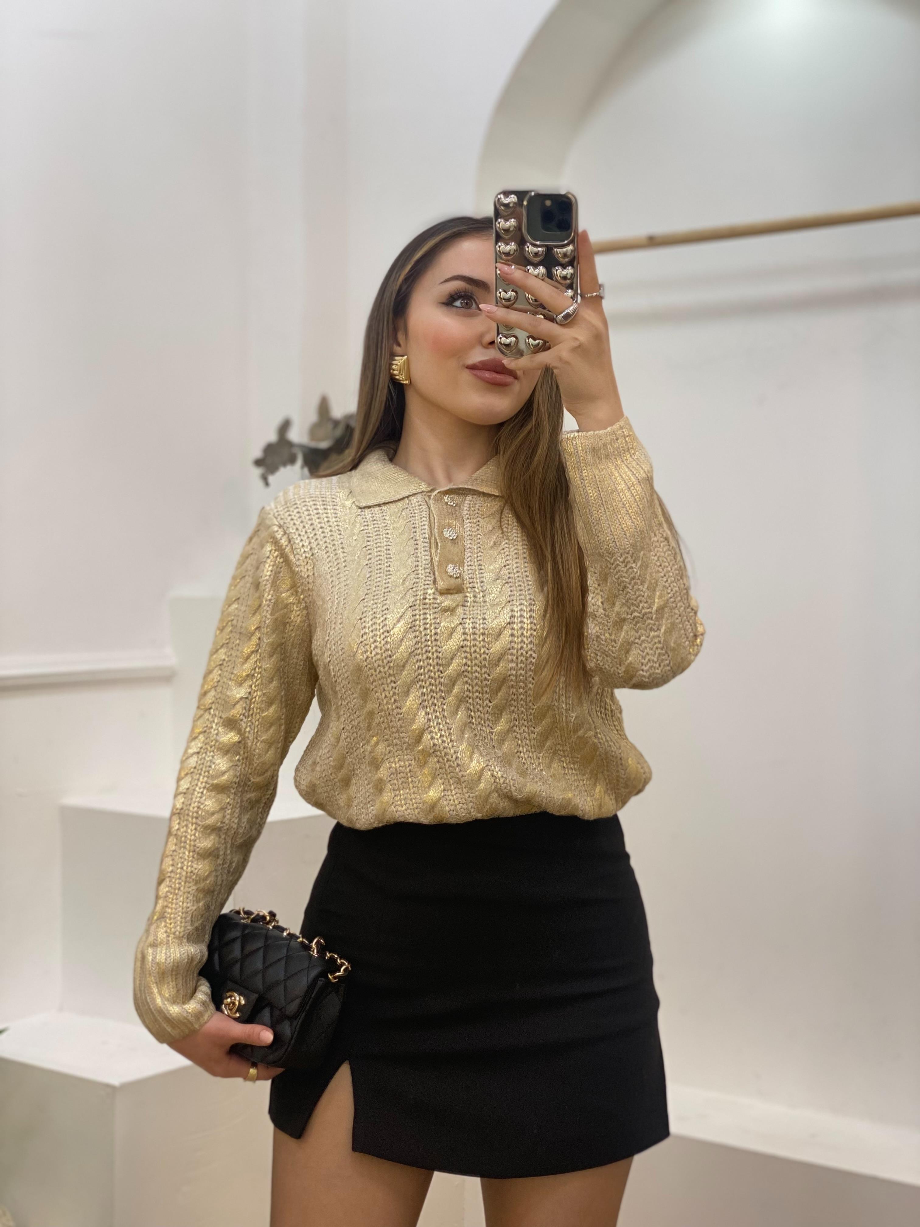 Gold Taş Düğmeli Varak Baskılı Kazak