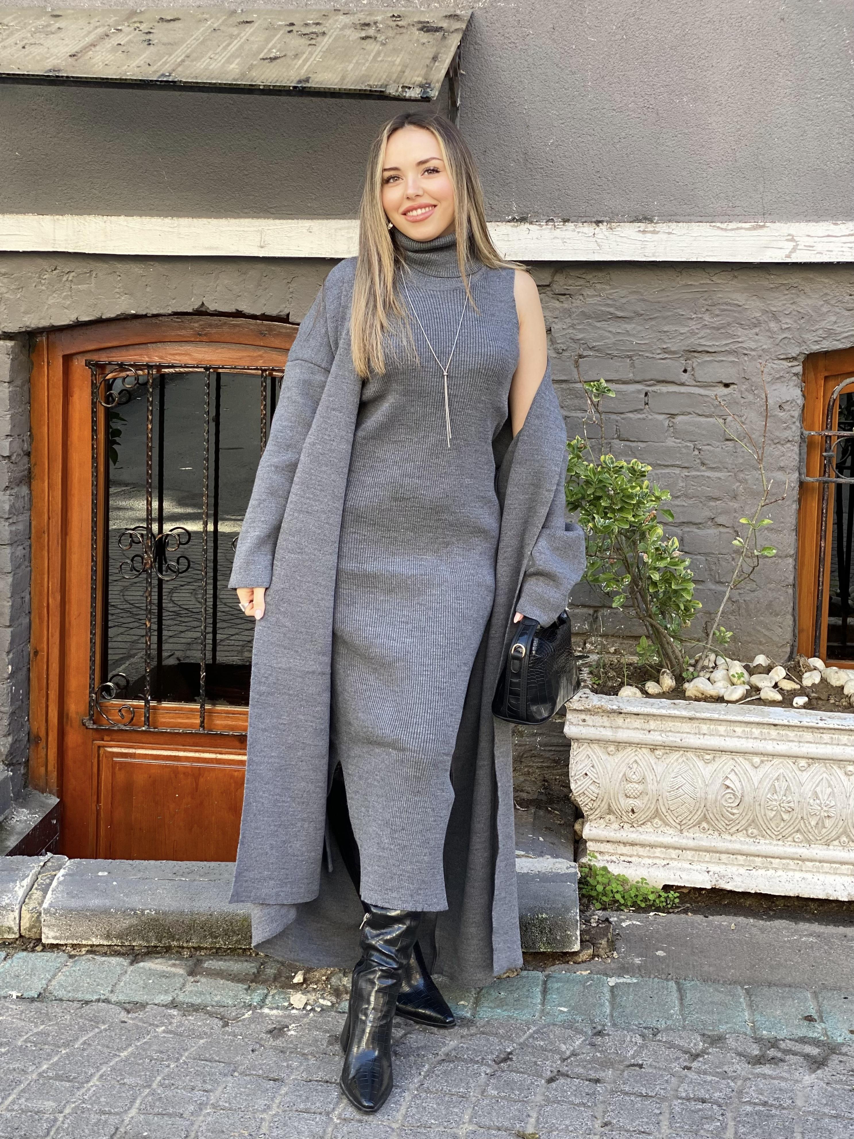 Gri Elbise Hırka Triko Takım