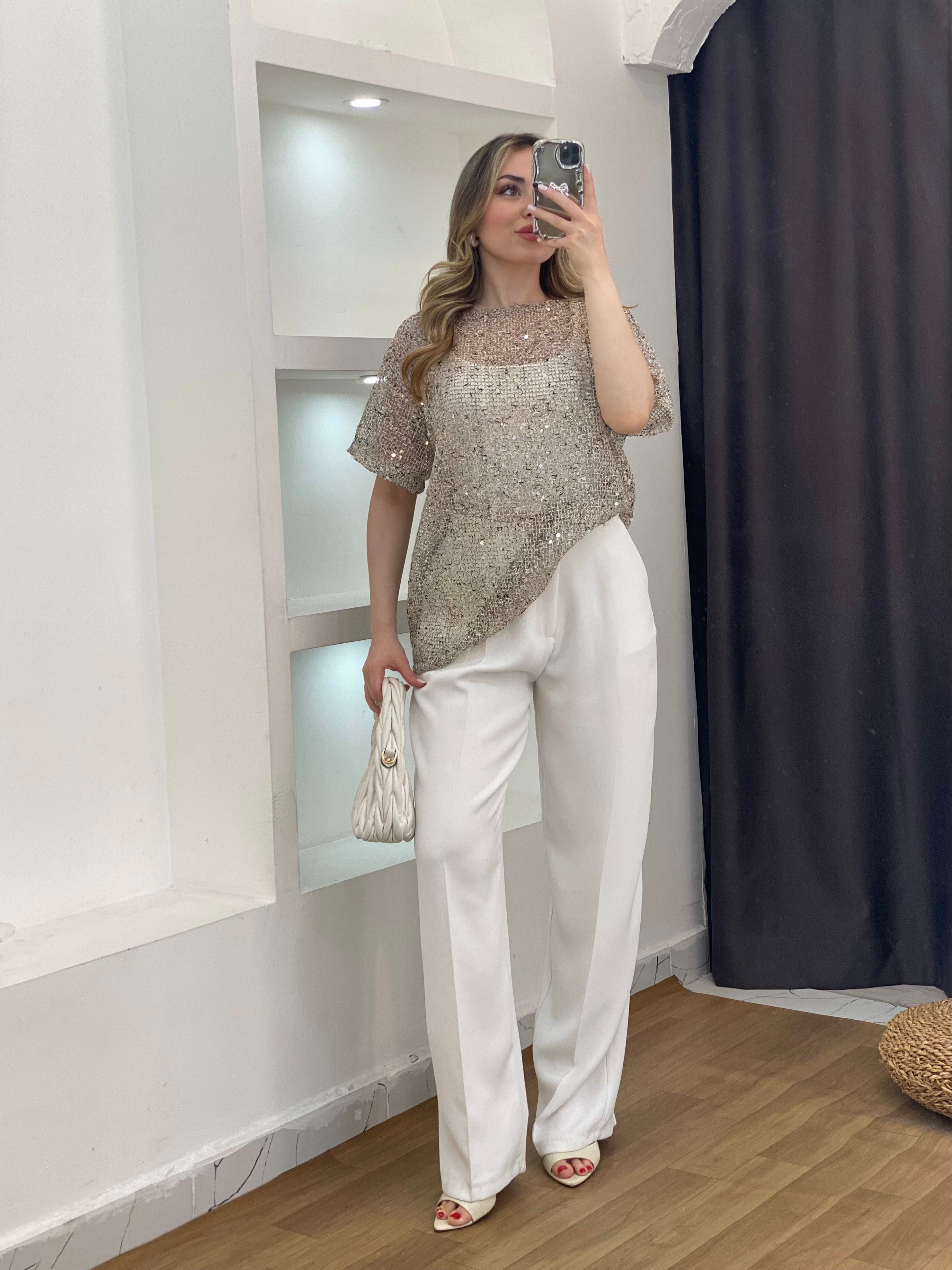 Gümüş Pul İşlemeli Bluz