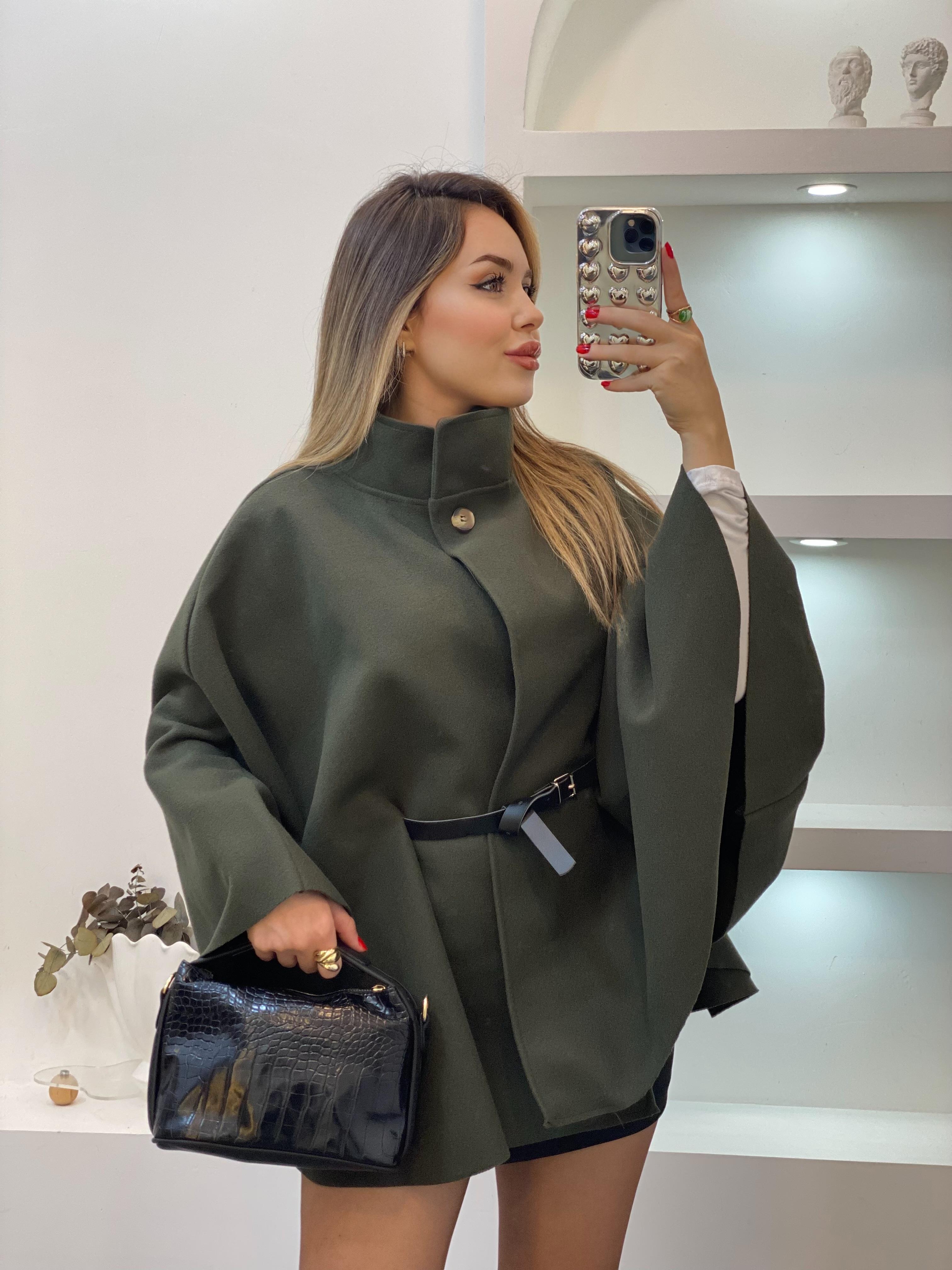 Haki Yeşil Dik Yaka Kemerli Kaşe Panço