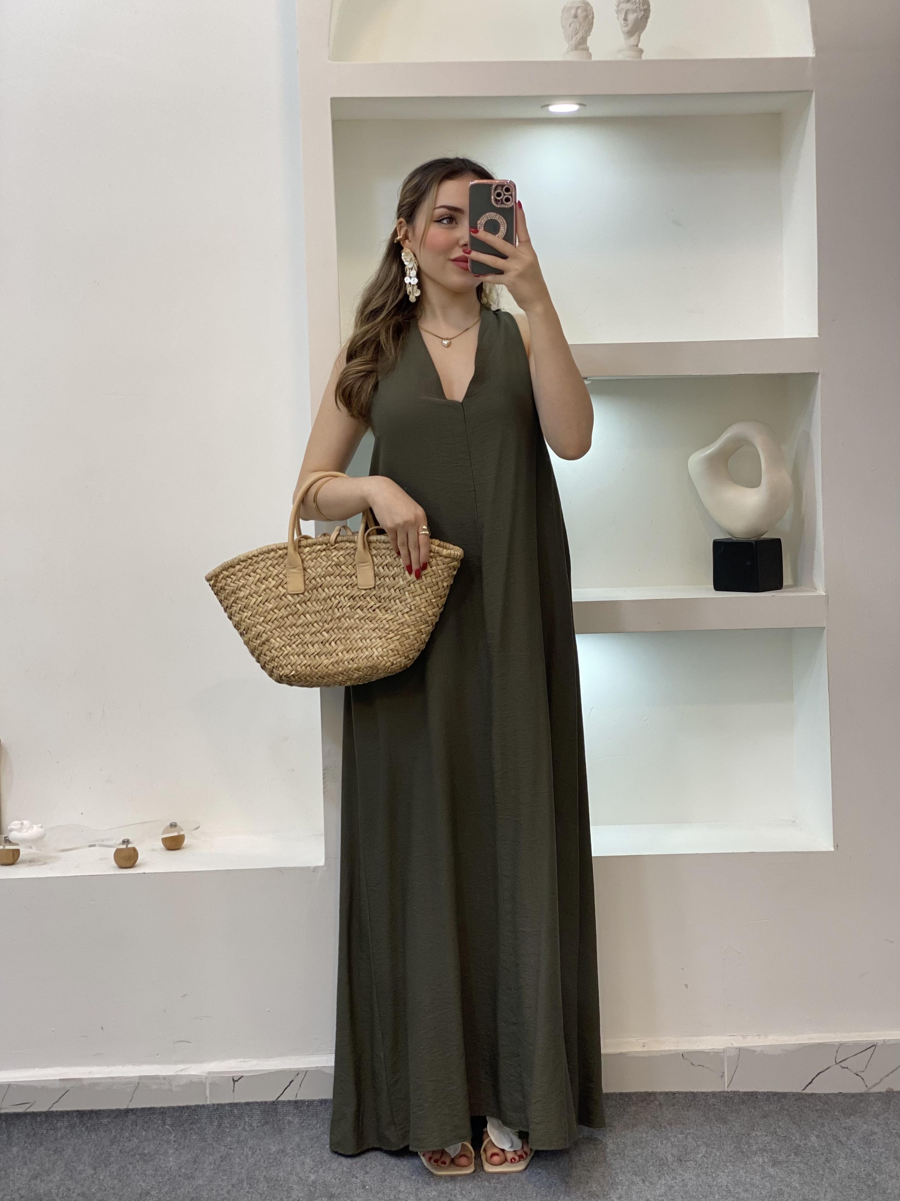 Haki Yeşil V Yaka Keten Elbise