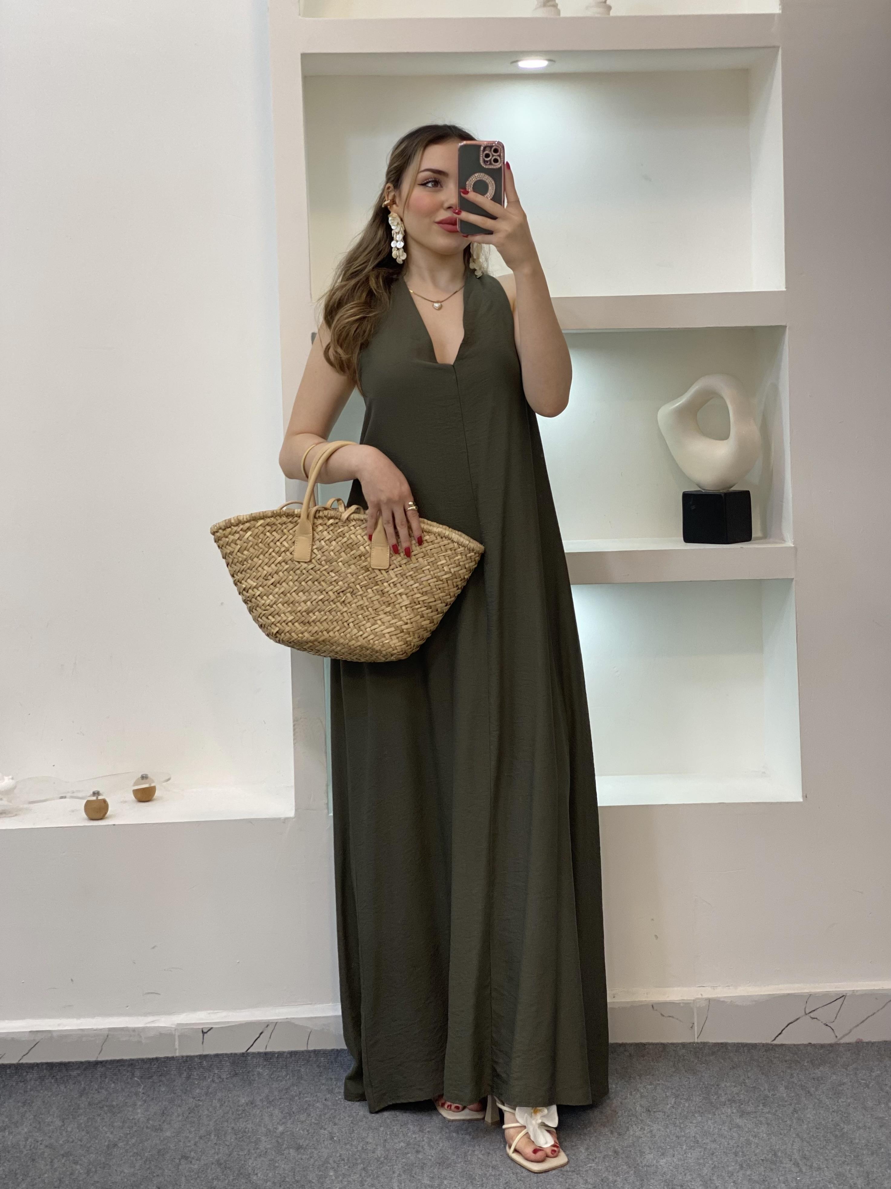 Haki Yeşil V Yaka Keten Elbise
