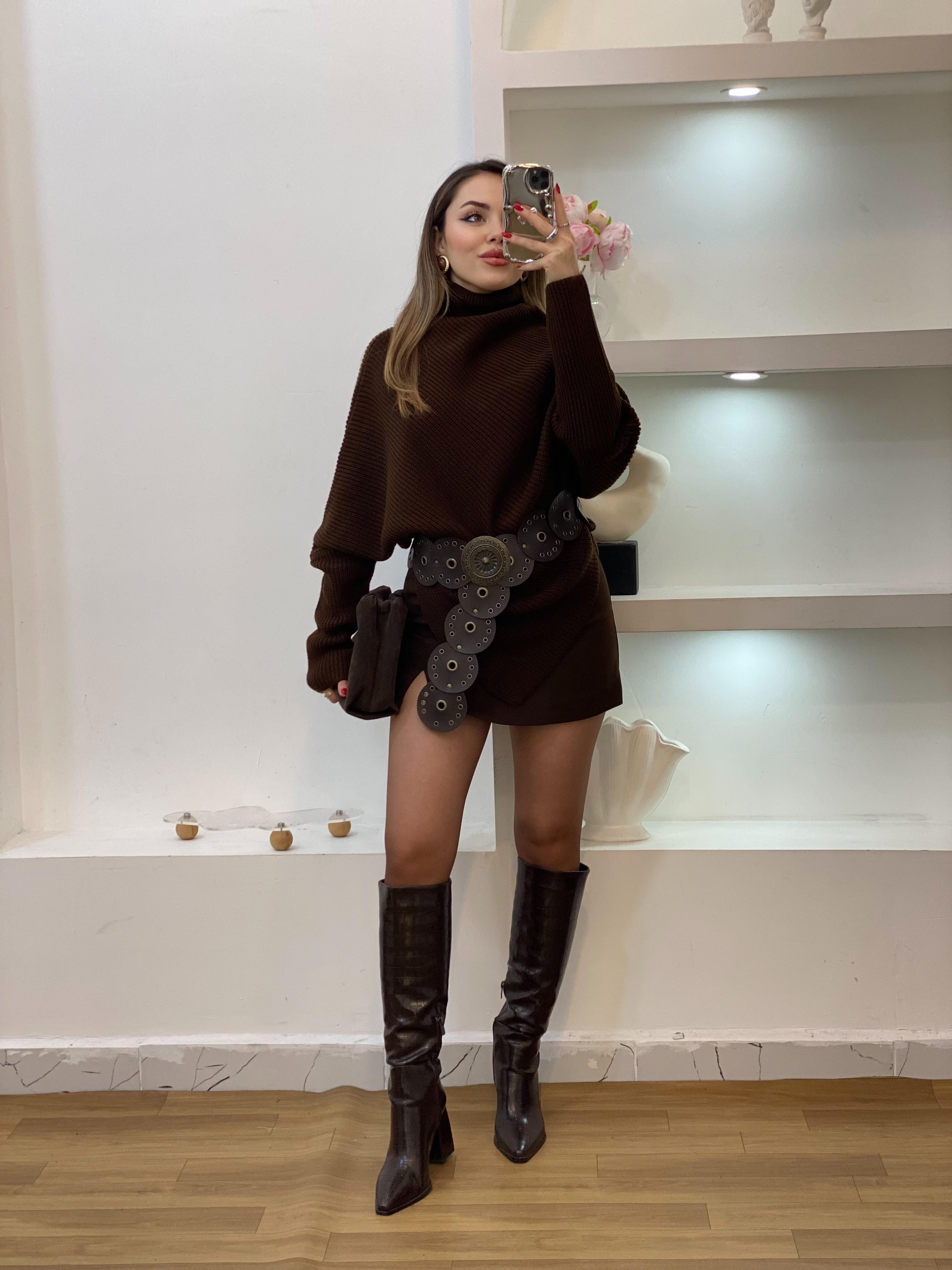 Kahve Asimetrik Model Boğazlı Kazak