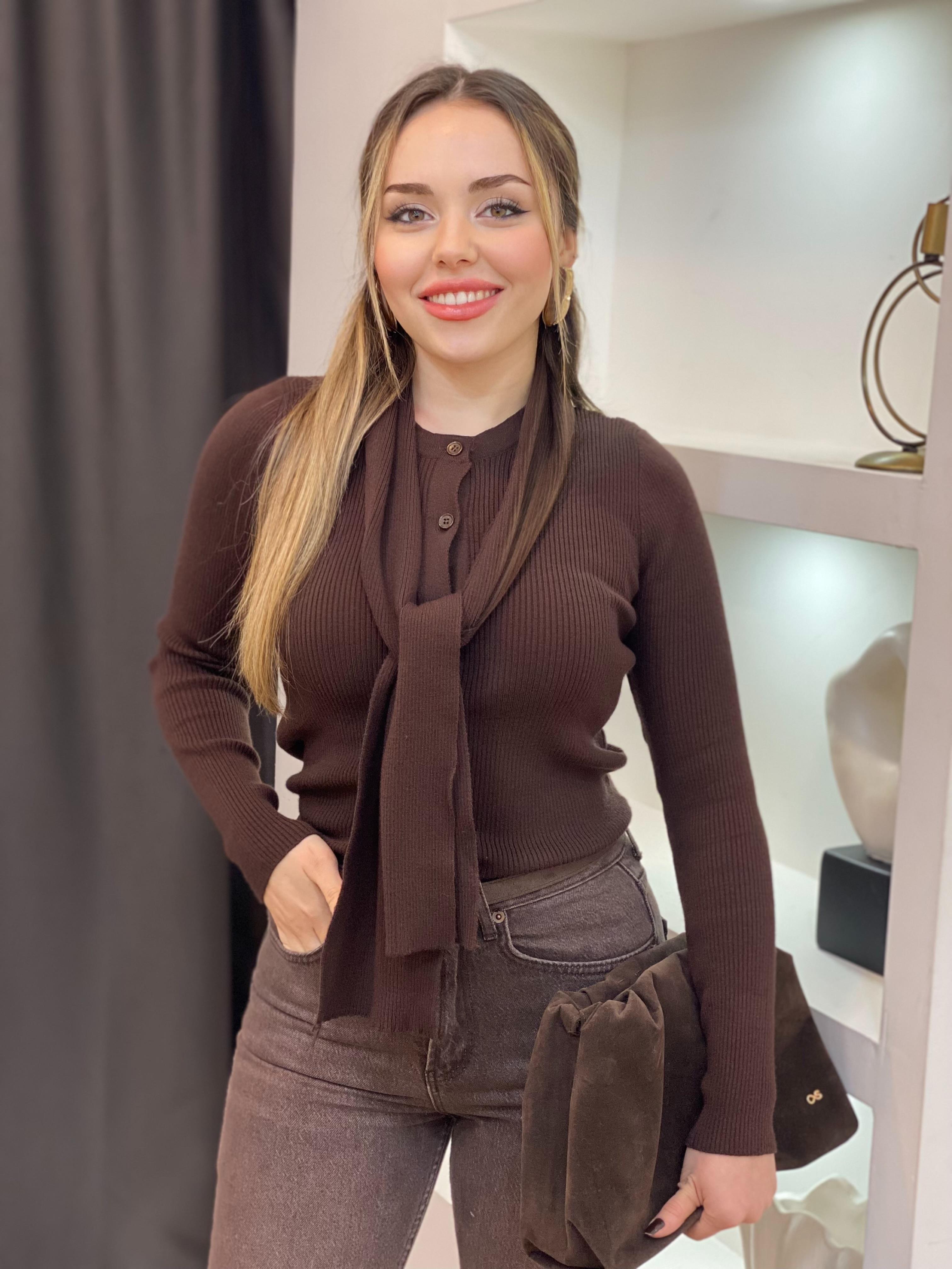 Kahve Atkı Detaylı Premium Elit Triko Hırka 