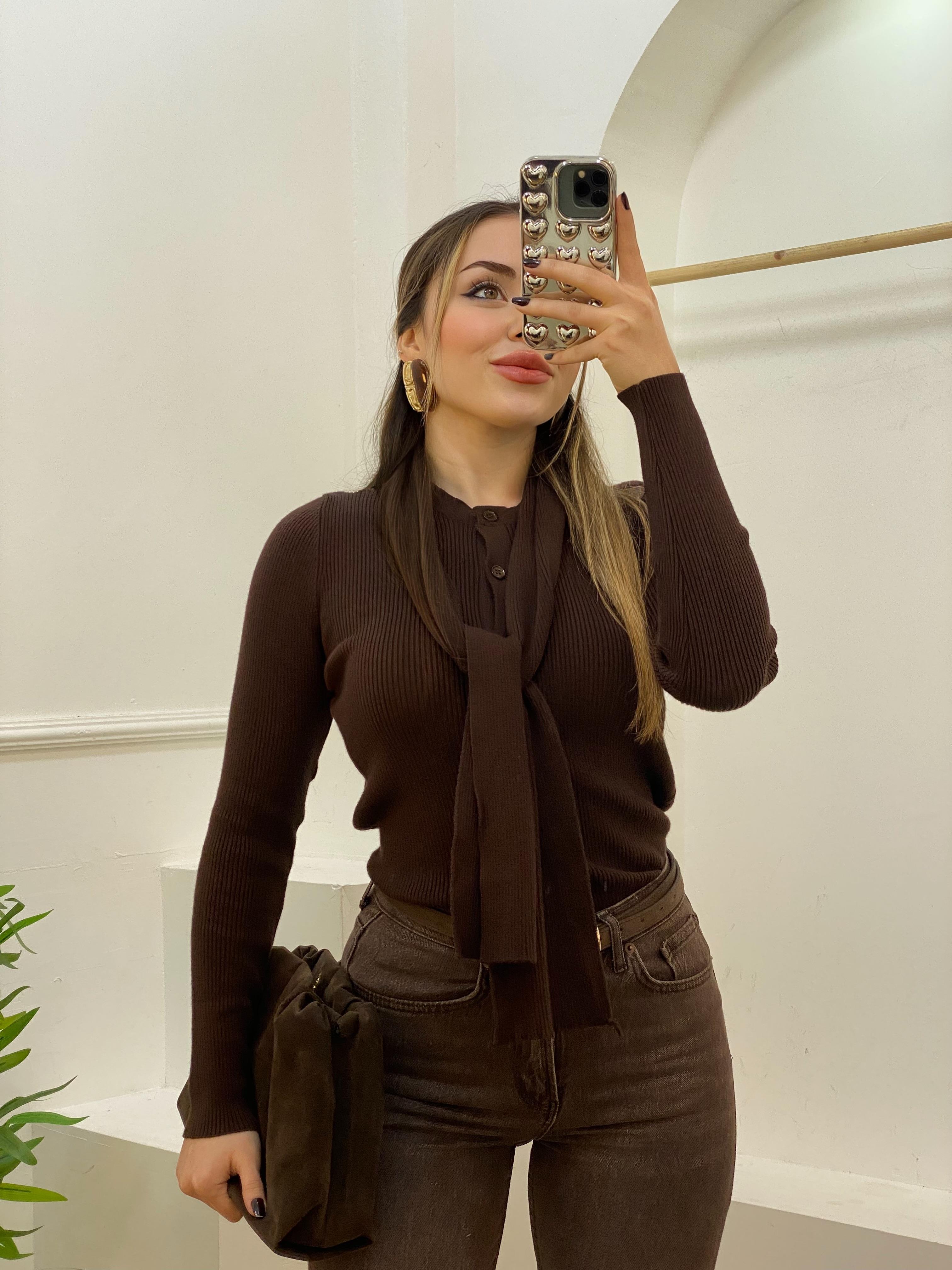 Kahve Atkı Detaylı Premium Elit Triko Hırka 
