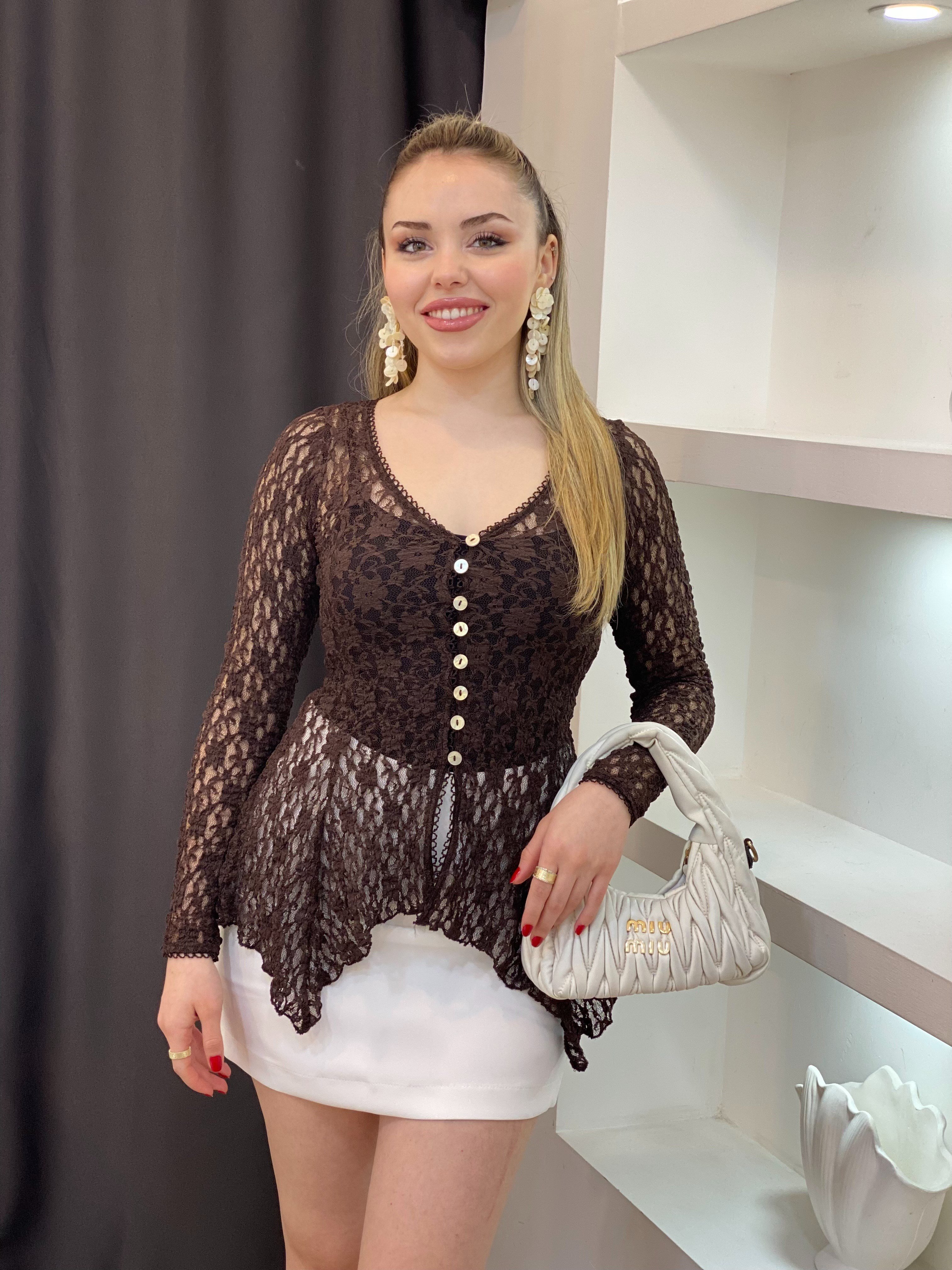 Kahve Bel Oturtmalı Model Volanlı Dantel Bluz
