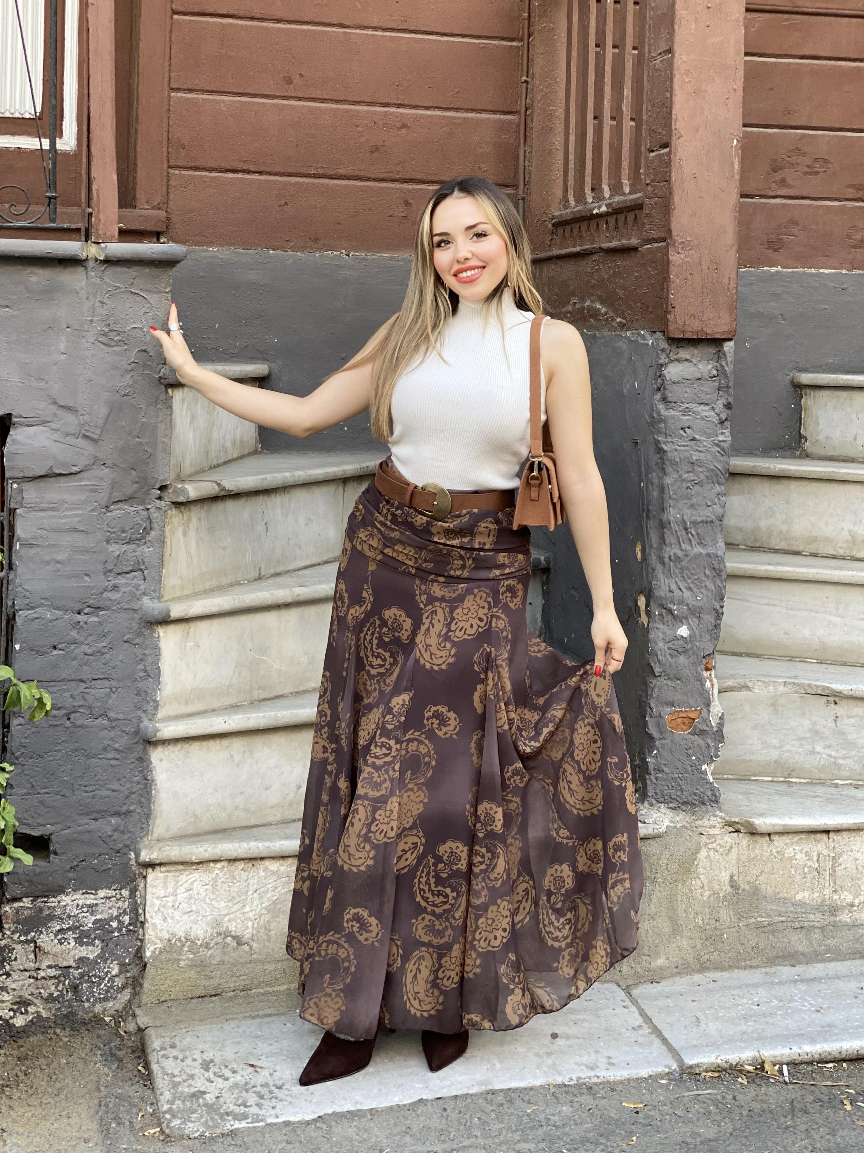 Kahve Beli Drapeli Etek