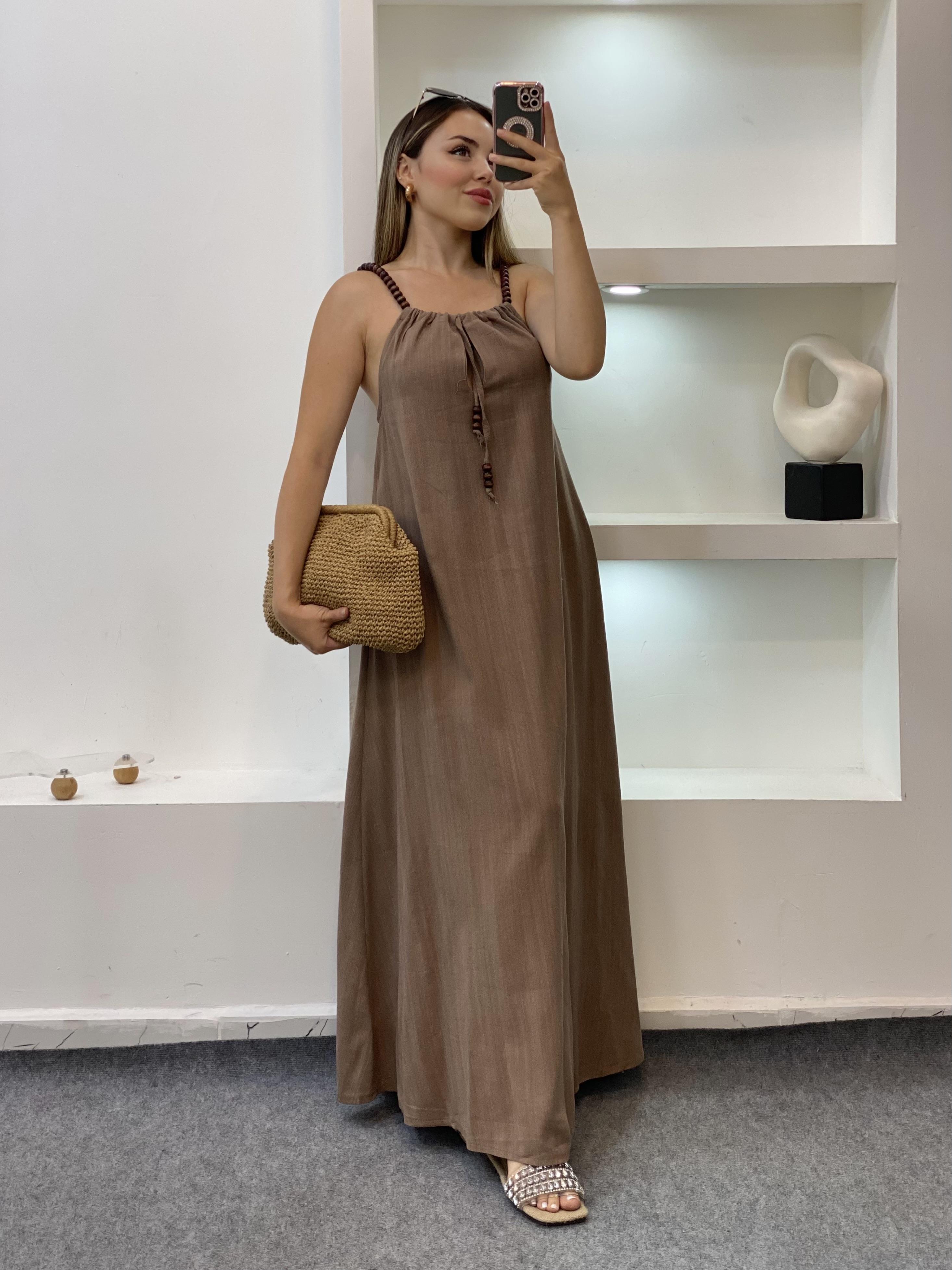 Kahve Boncuk Askılı Keten Elbise 