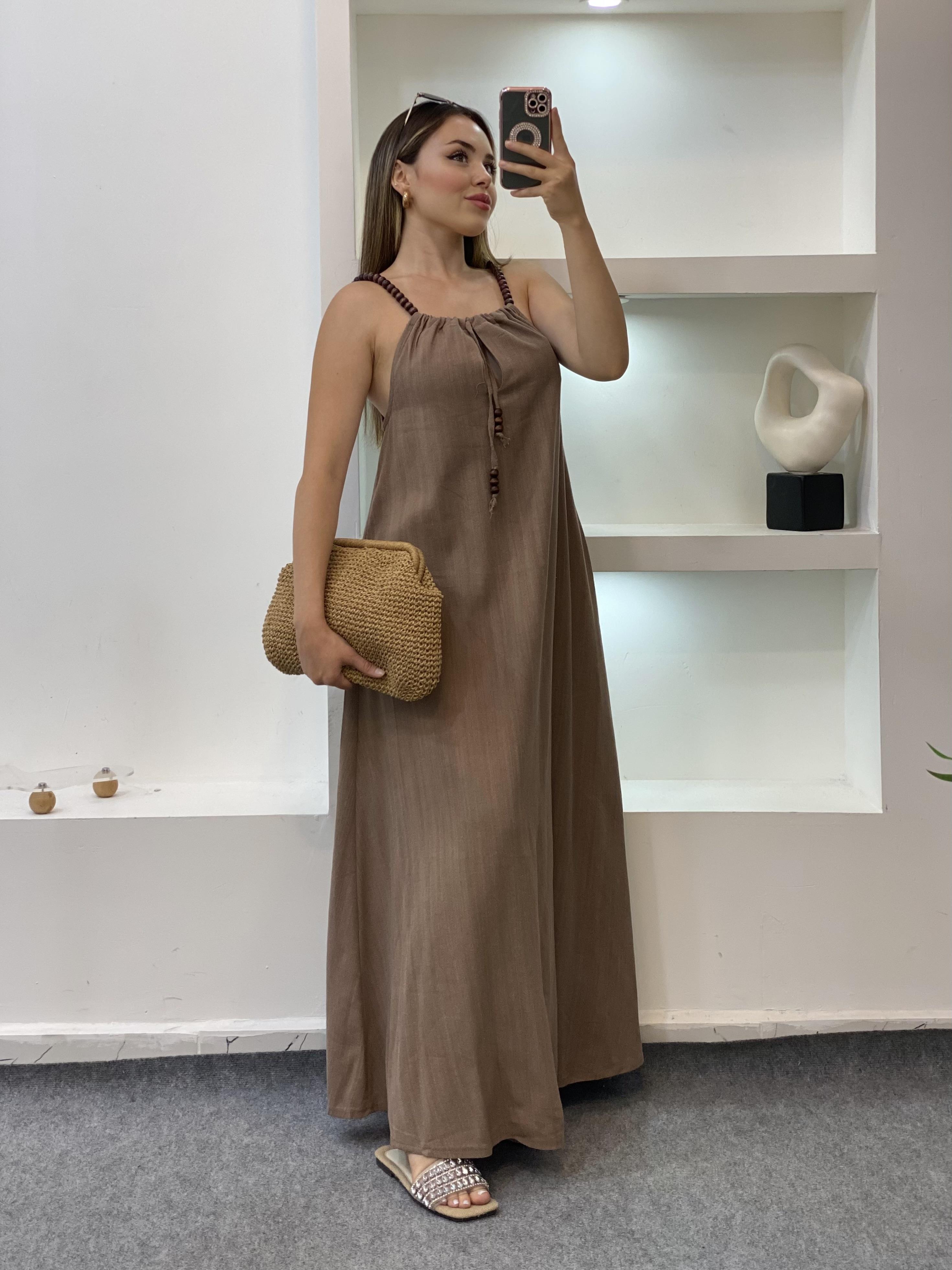 Kahve Boncuk Askılı Keten Elbise 