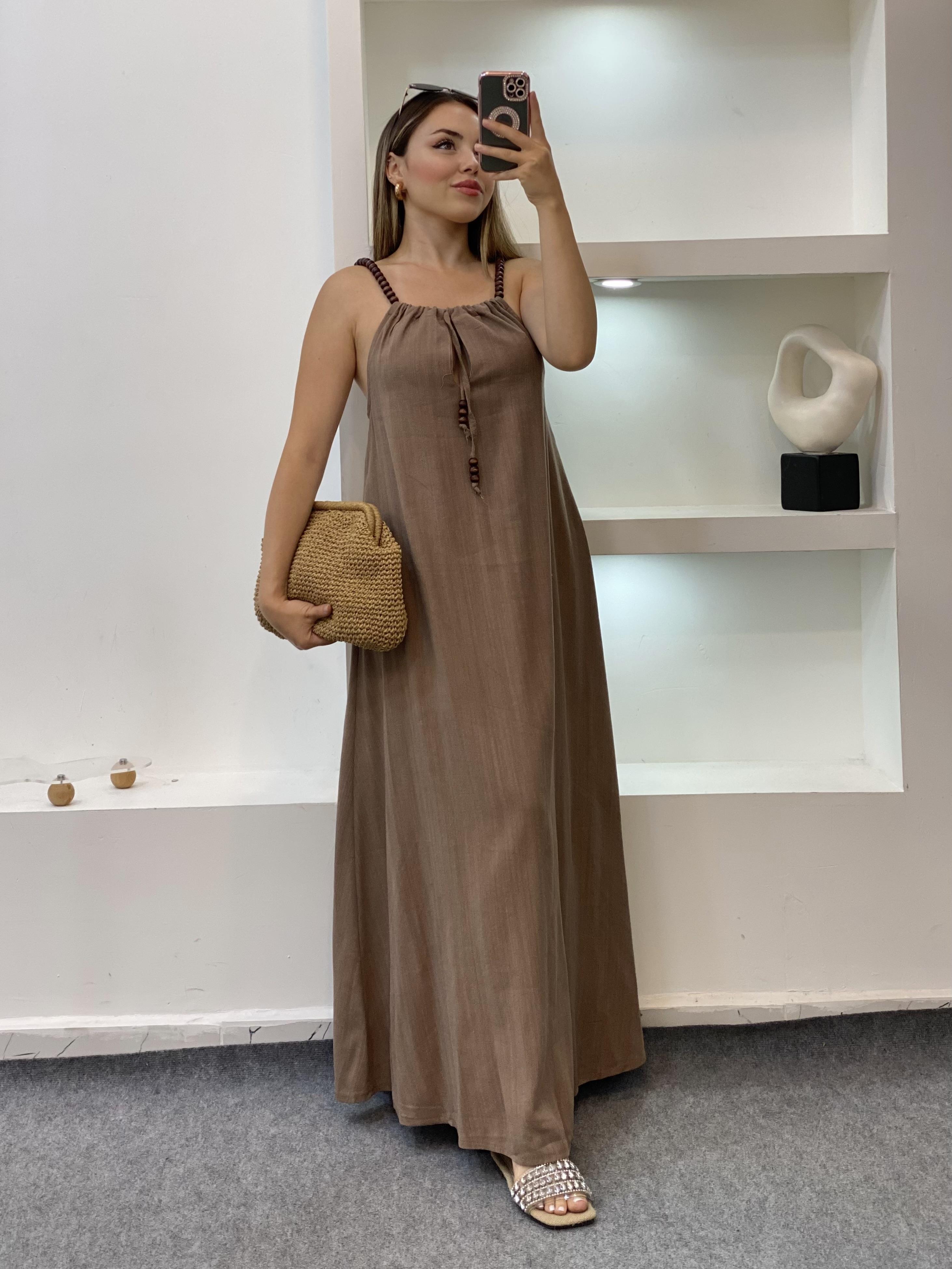 Kahve Boncuk Askılı Keten Elbise 