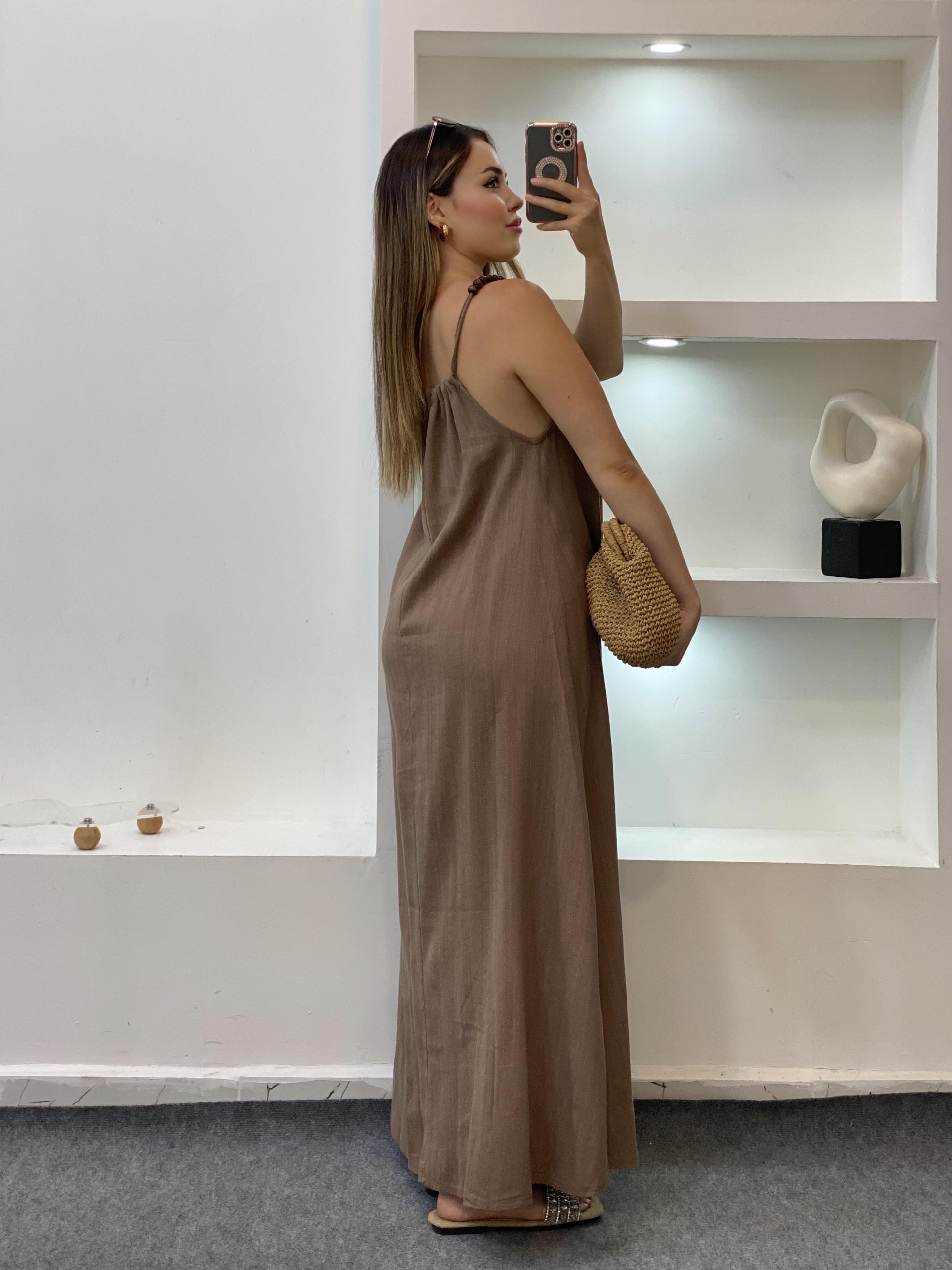 Kahve Boncuk Askılı Keten Elbise 