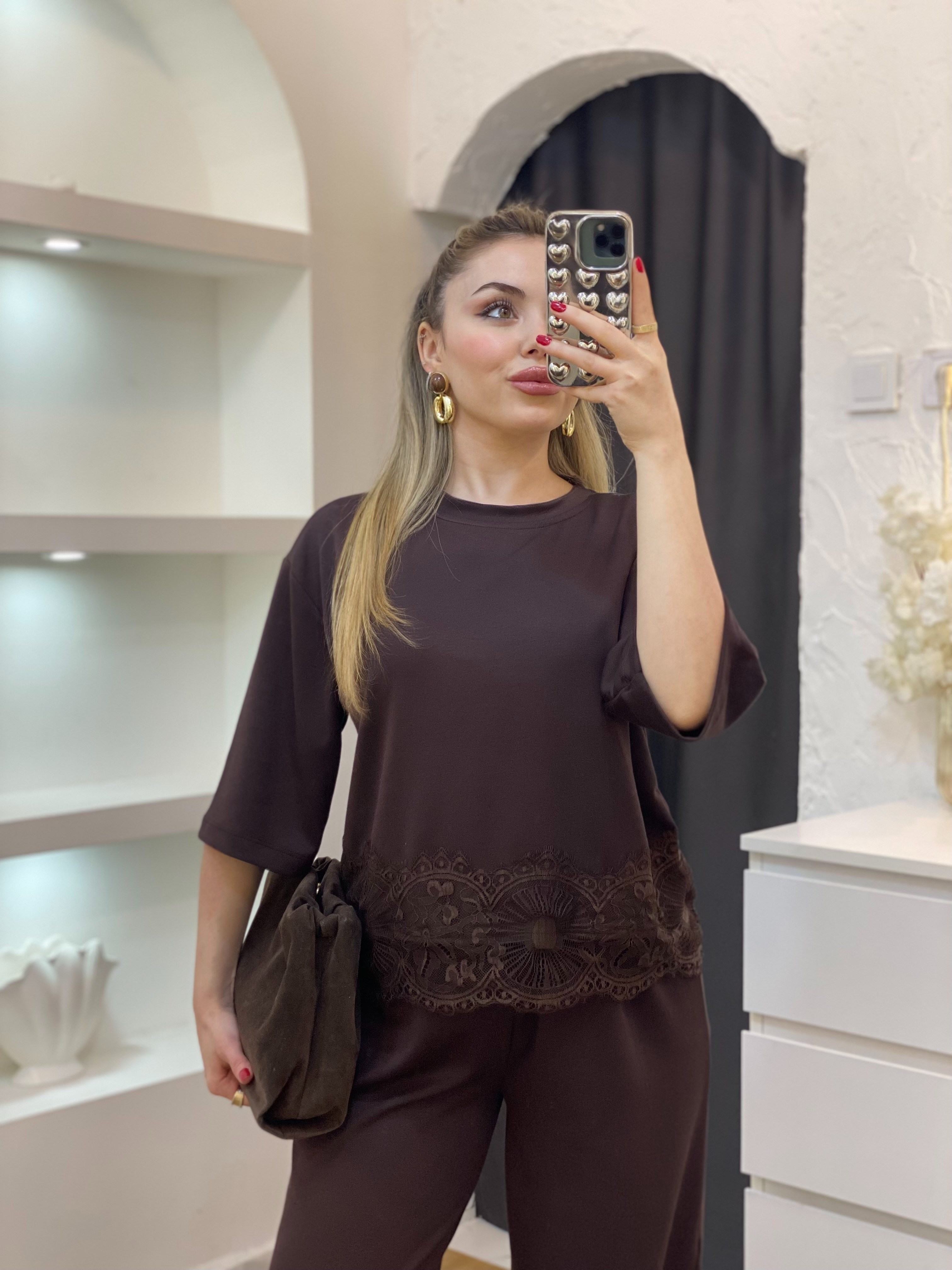 Kahve Dantel Detaylı Modal Takım