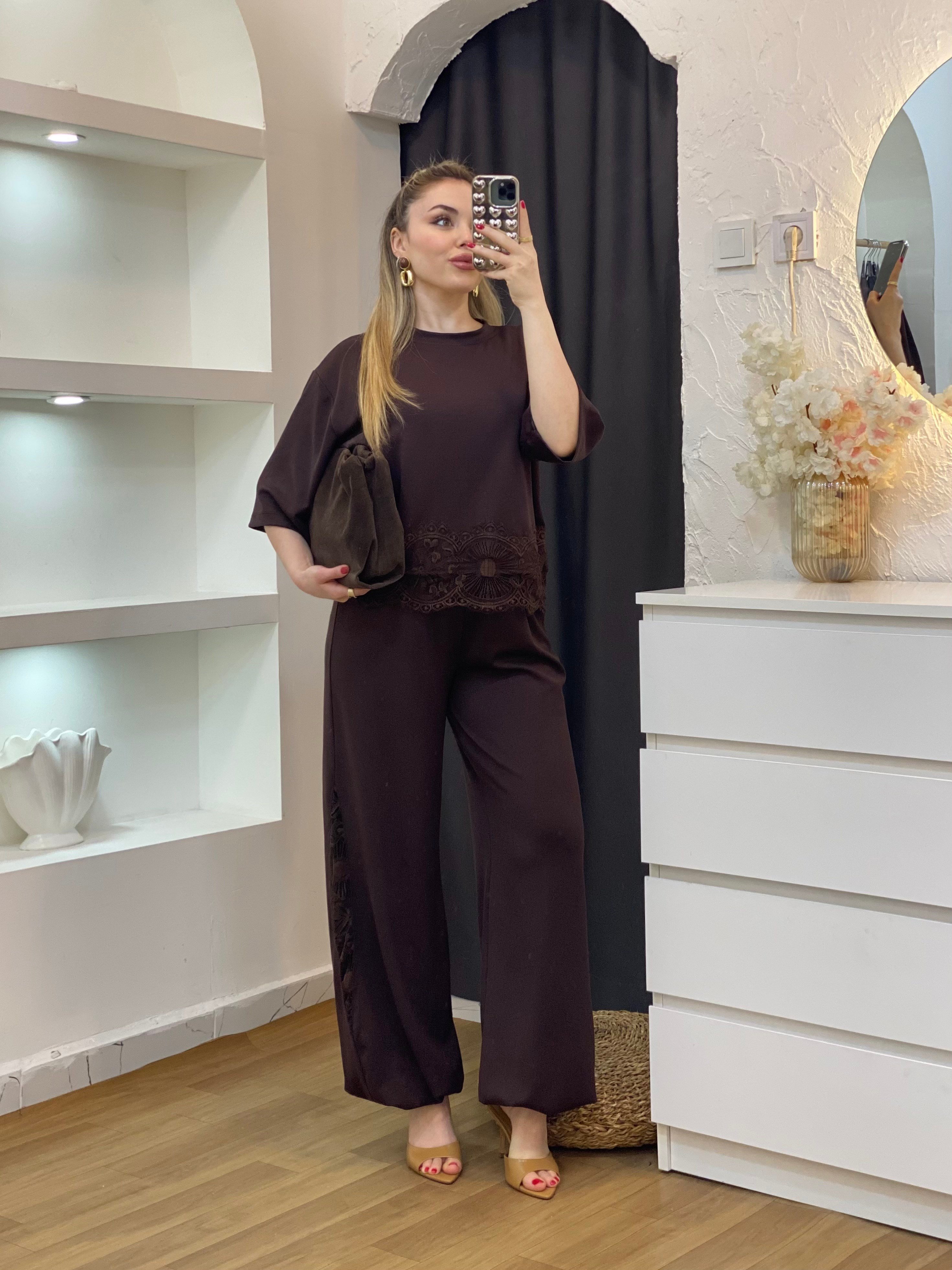 Kahve Dantel Detaylı Modal Takım