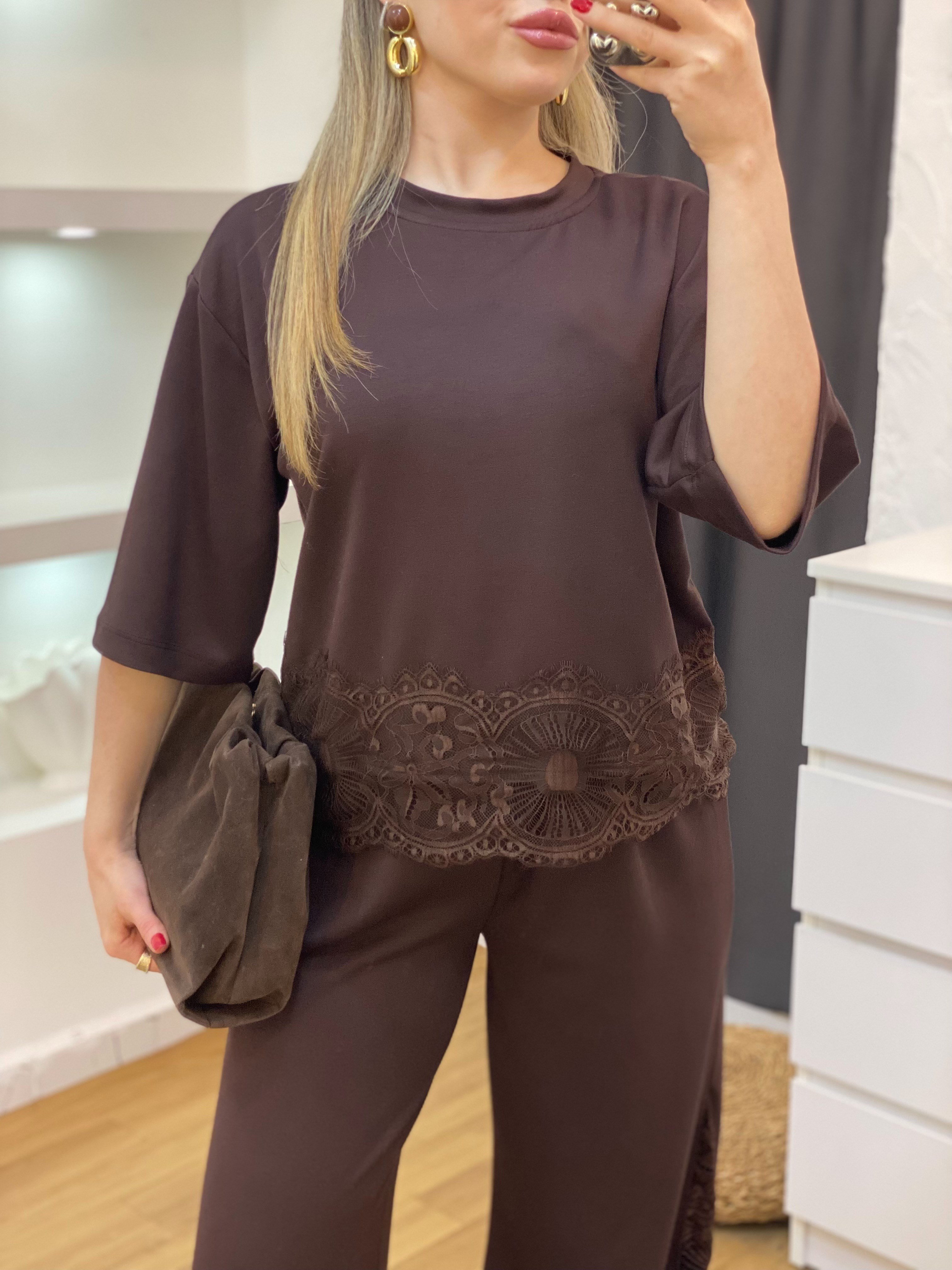 Kahve Dantel Detaylı Modal Takım