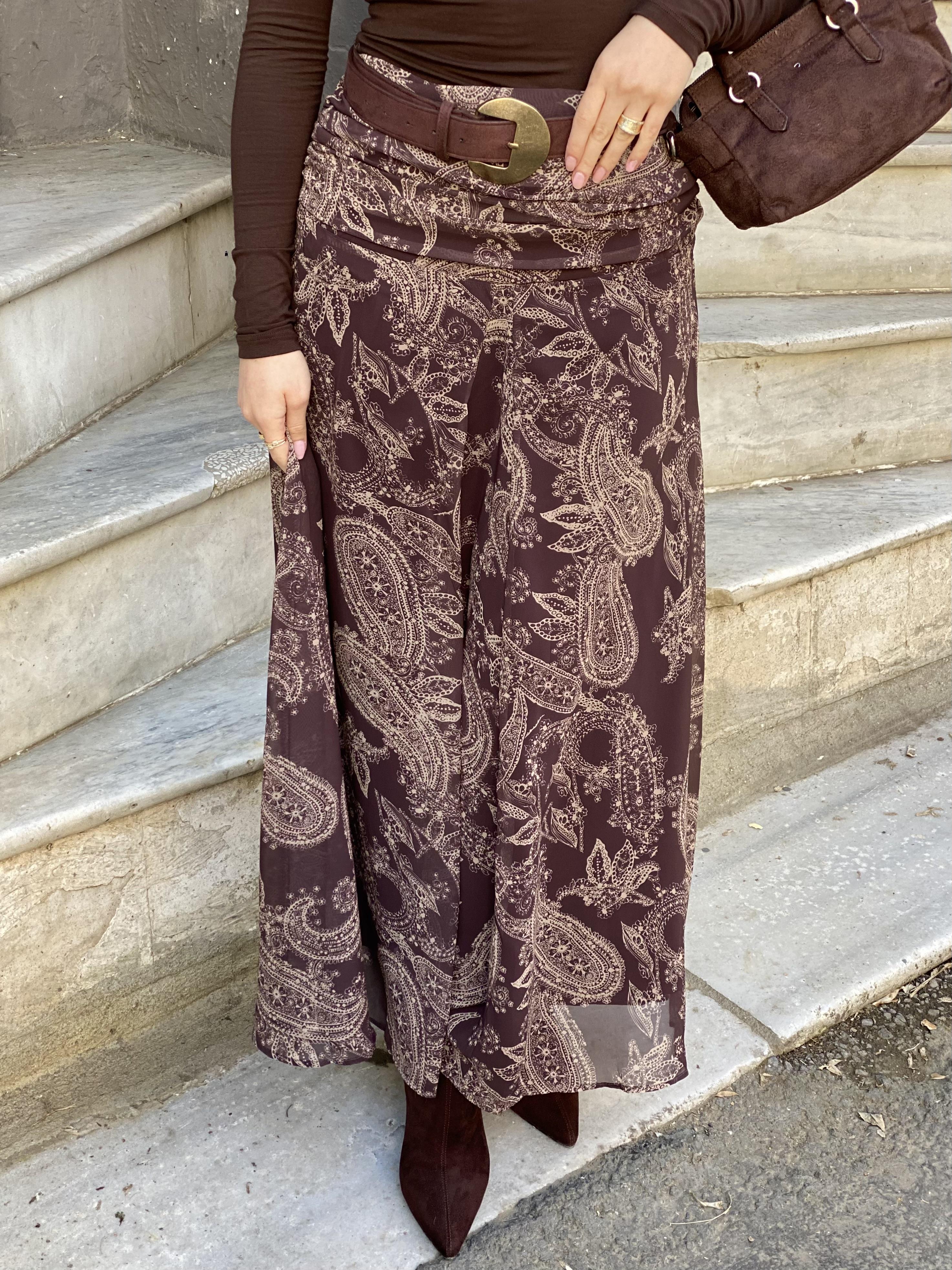 Kahve Desenli Beli Drapeli Etek