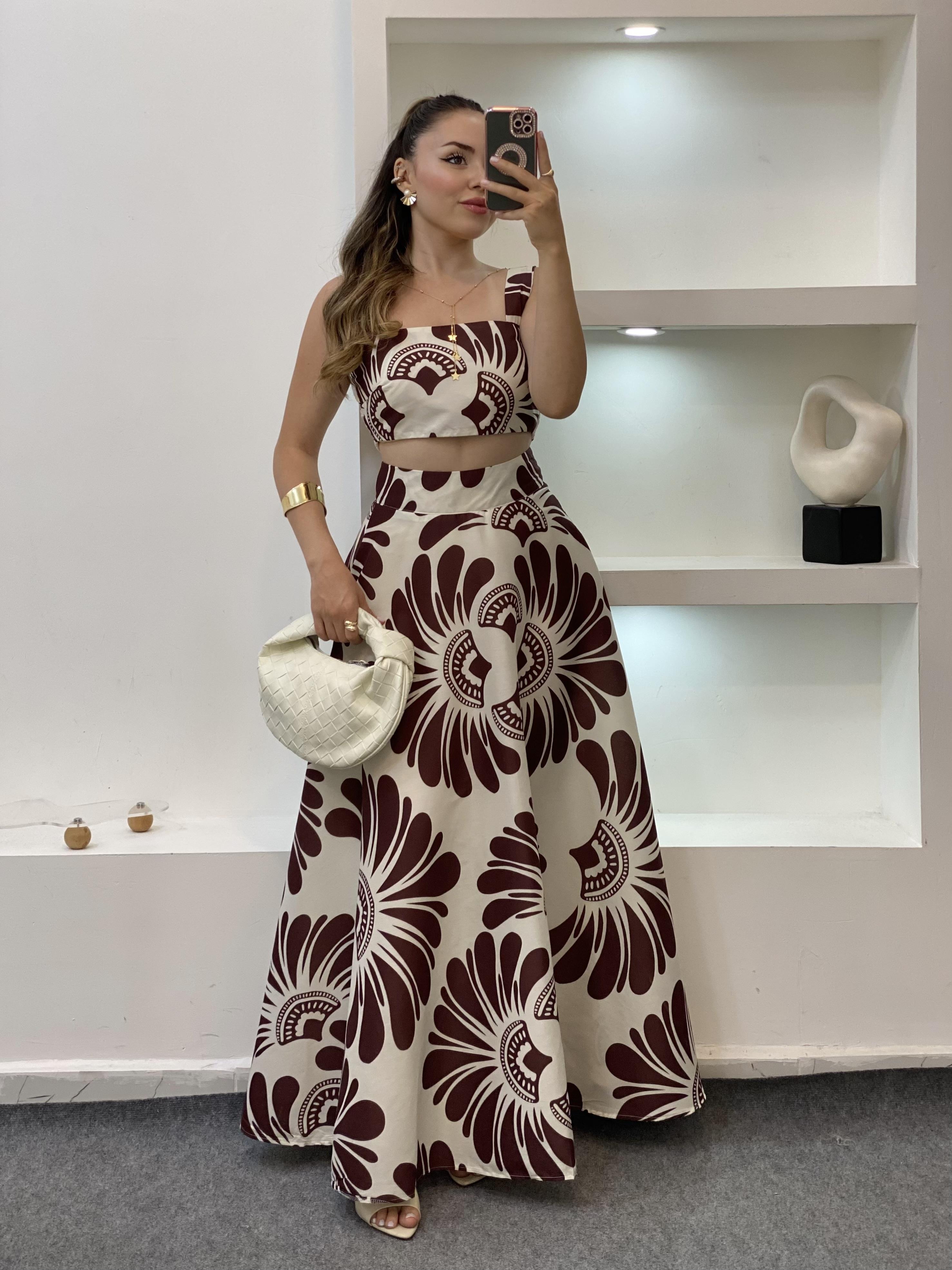 Kahve Desenli Premium Kalite Crop Bluz Etek Takım