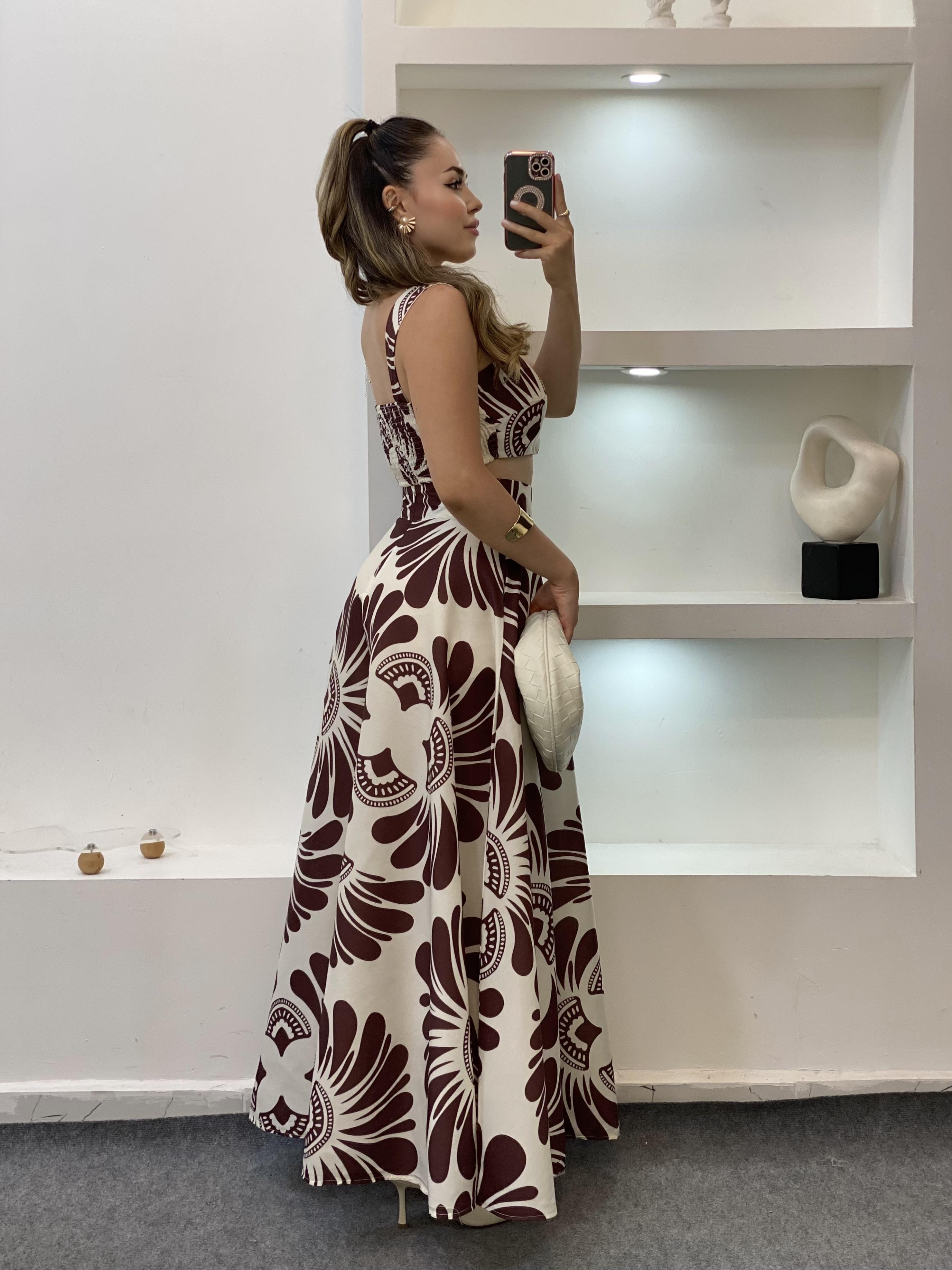 Kahve Desenli Premium Kalite Crop Bluz Etek Takım