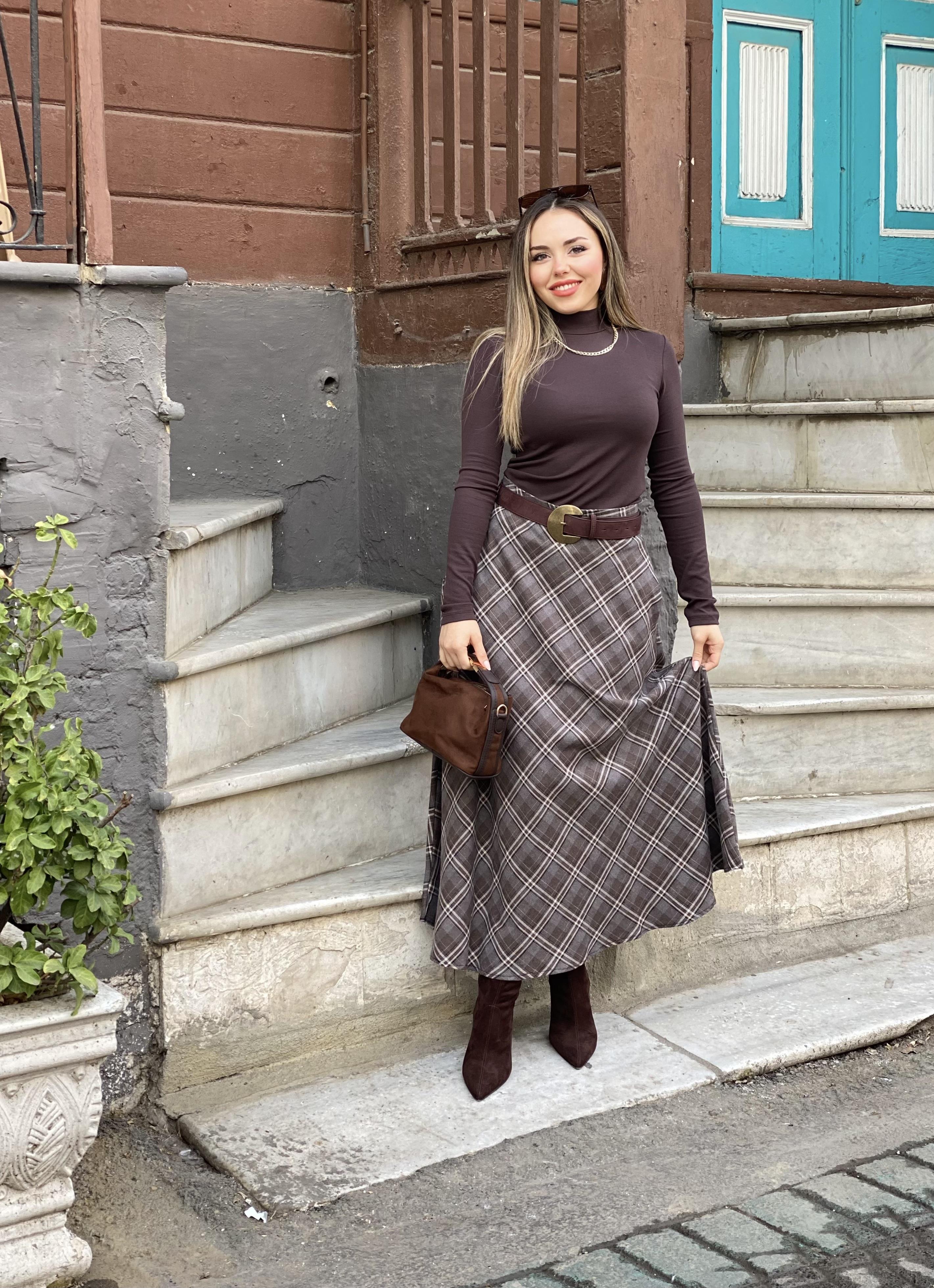 Kahve Ekose Dokuma Kumaş Etek
