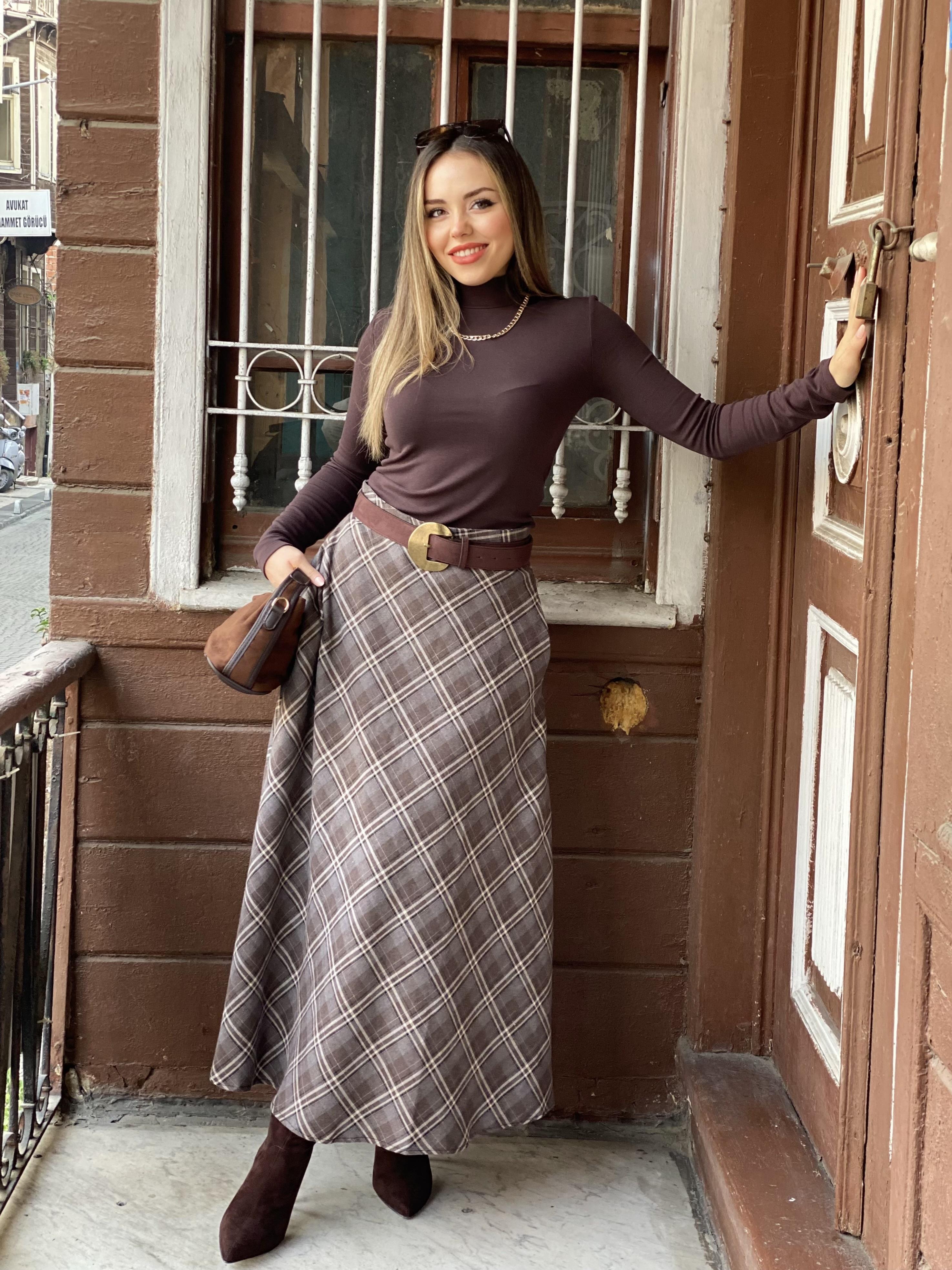 Kahve Ekose Dokuma Kumaş Etek