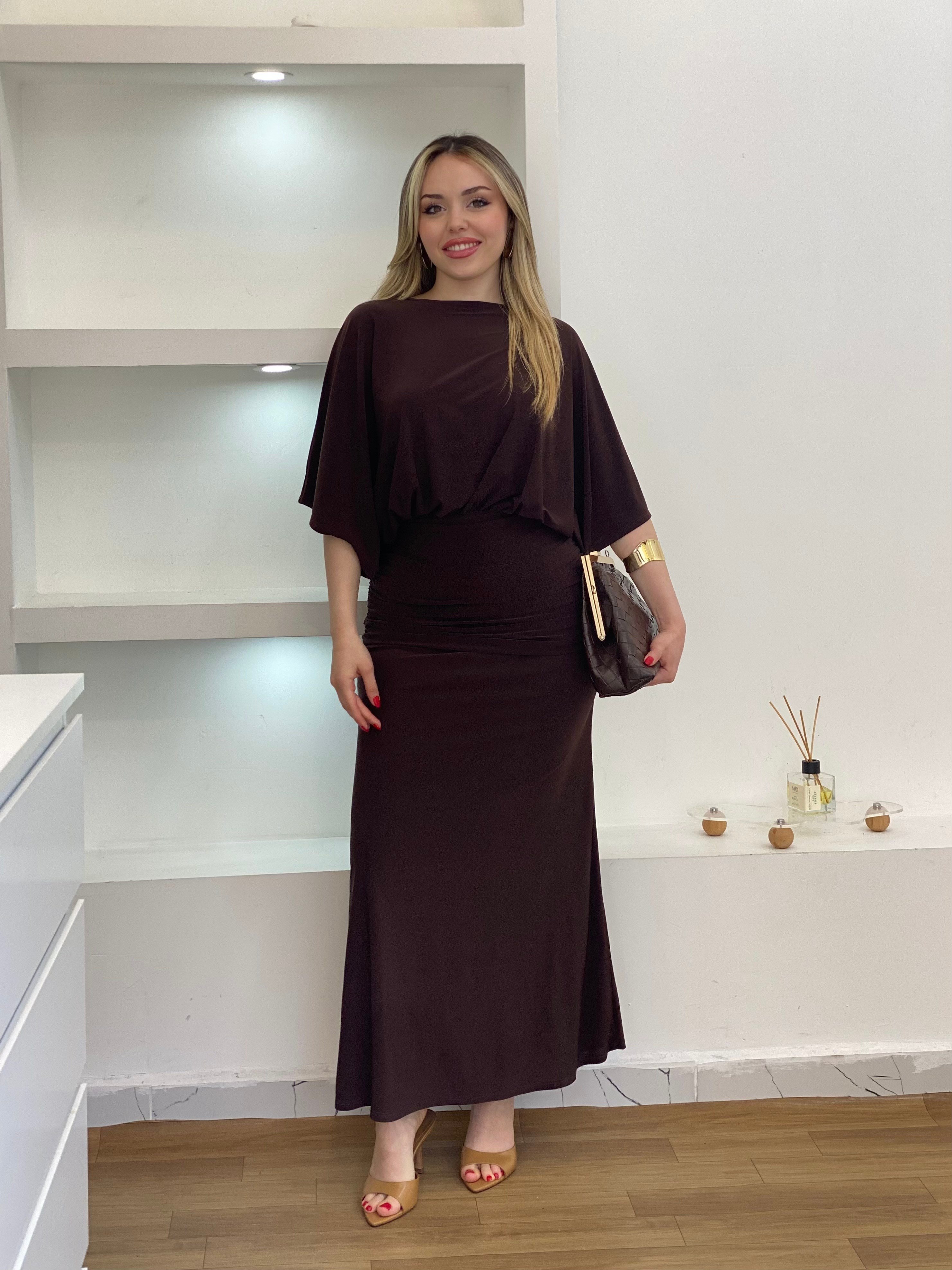 Kahve Fit Gösteren Drapeli Elbise