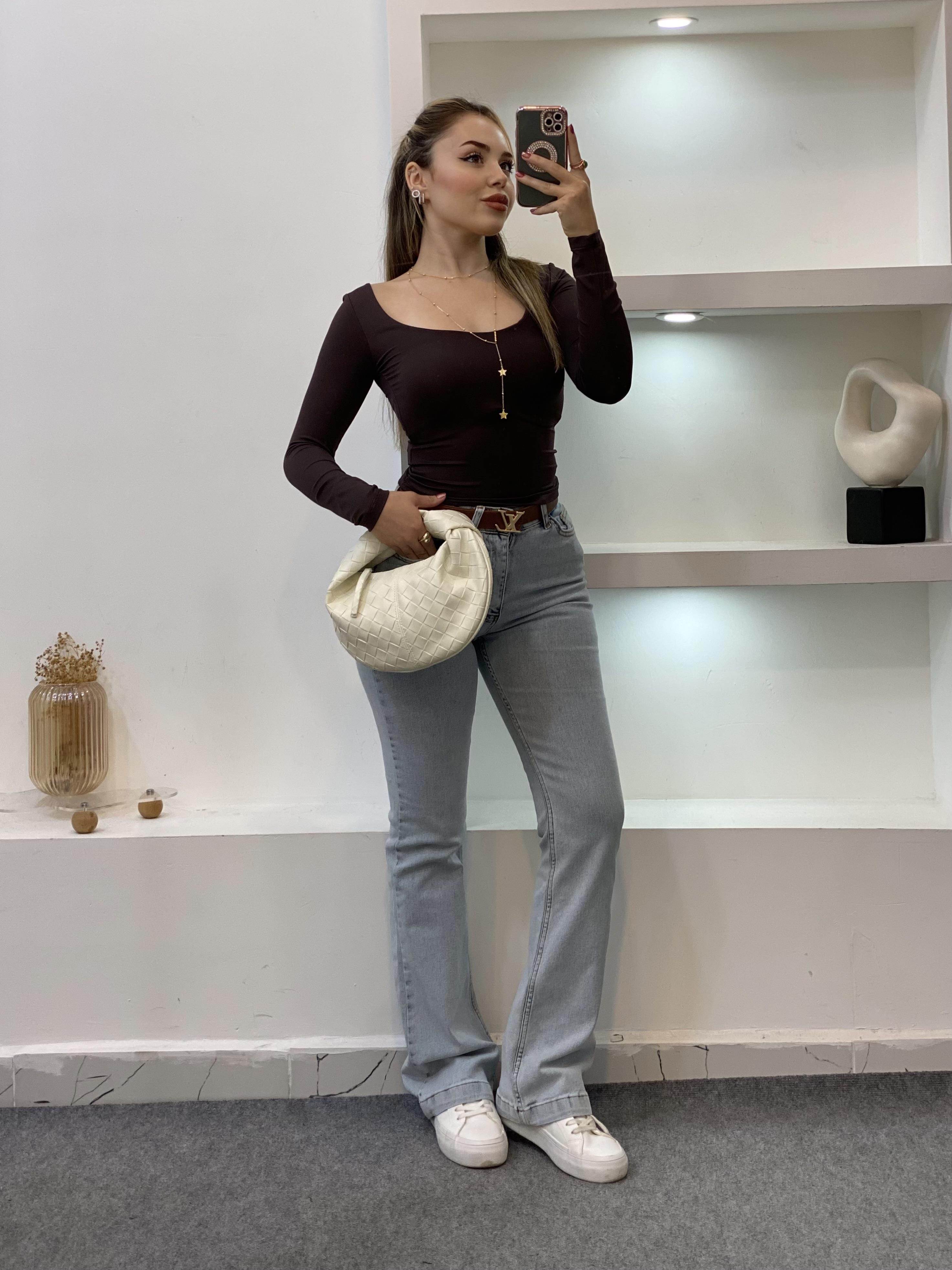 Kahve Geniş Yaka Scuba Bluz